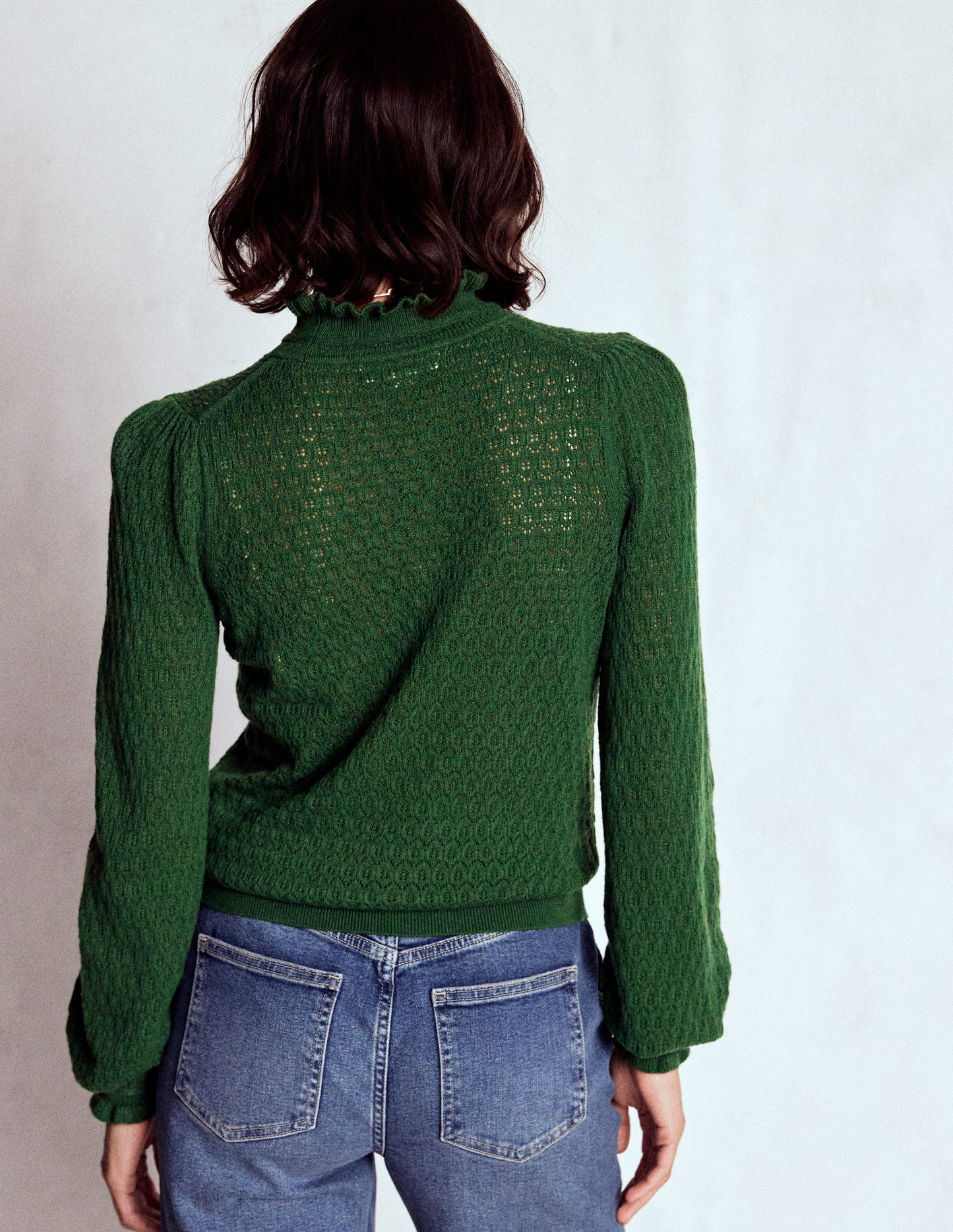 Pointelle-Pullover mit Rüschen-Jagdgrün