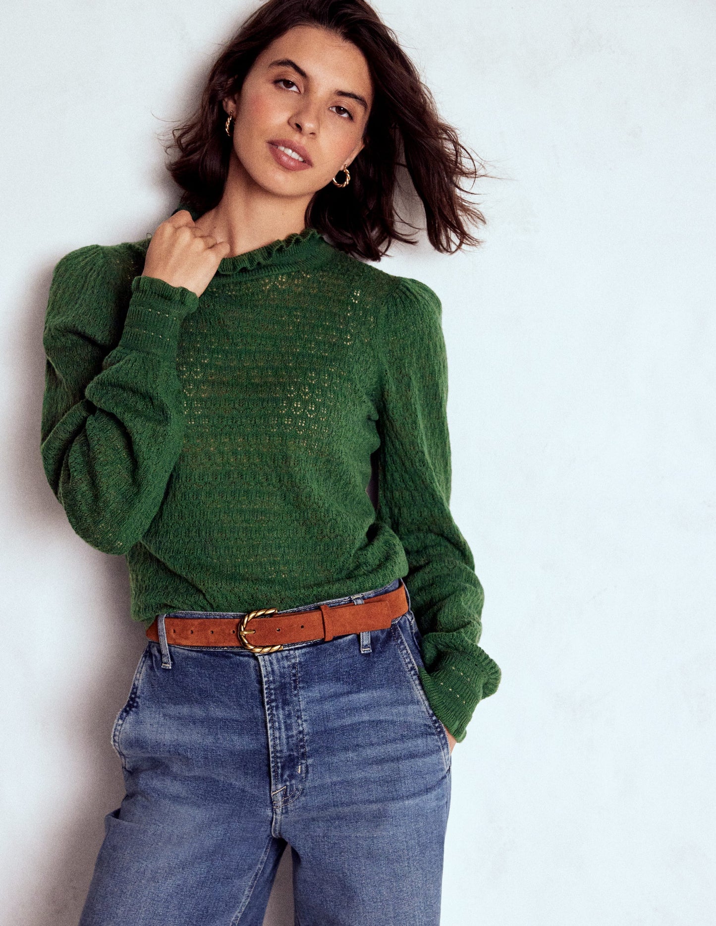 Pointelle-Pullover mit Rüschen-Jagdgrün