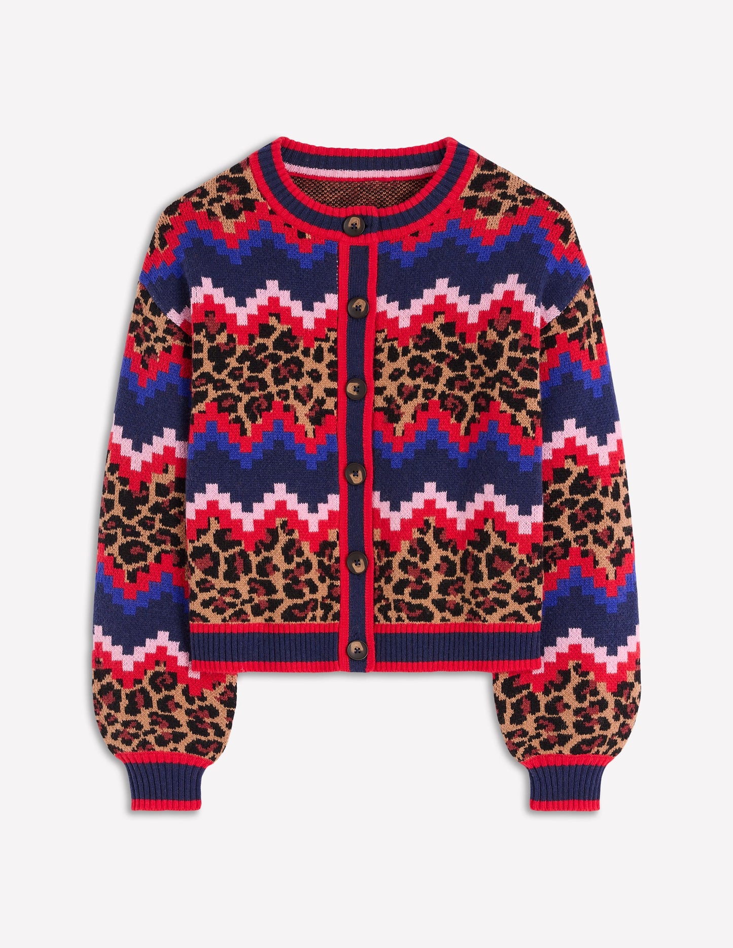 Abi Jacquard-Strickjacke-Bunt Fair-Isle, Leopardenmuster
