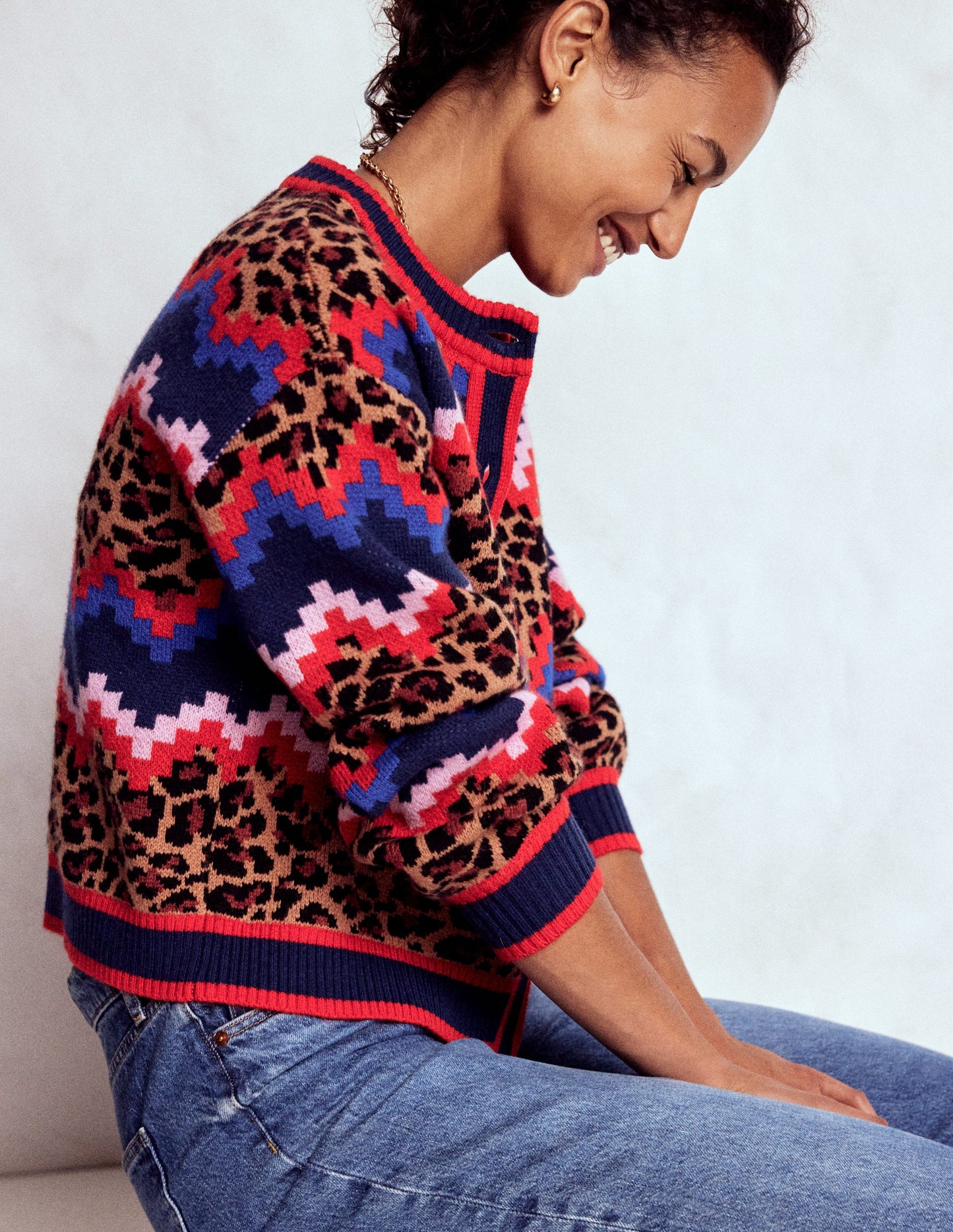 Abi Jacquard-Strickjacke-Bunt Fair-Isle, Leopardenmuster