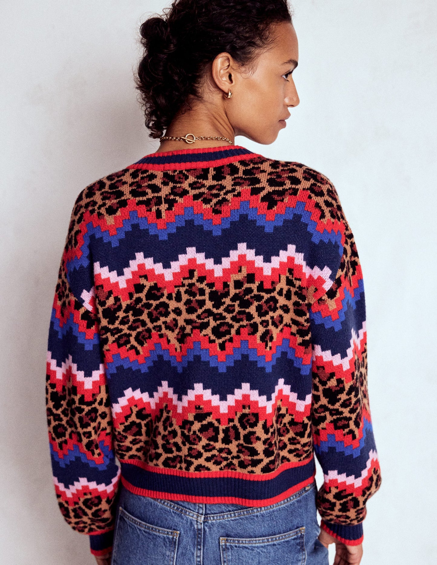 Abi Jacquard-Strickjacke-Bunt Fair-Isle, Leopardenmuster