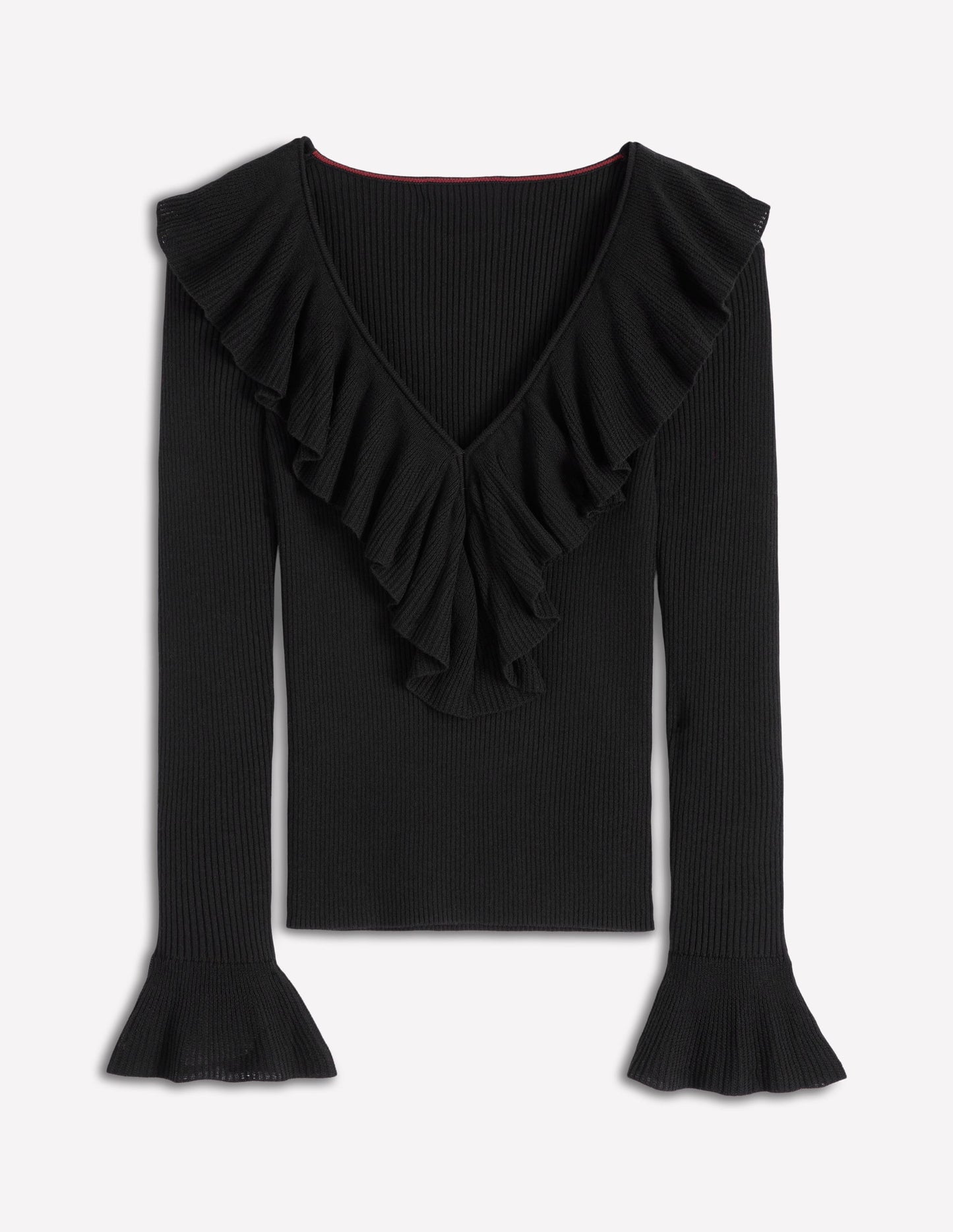 Pull côtelé à col tunisien et volants-Noir