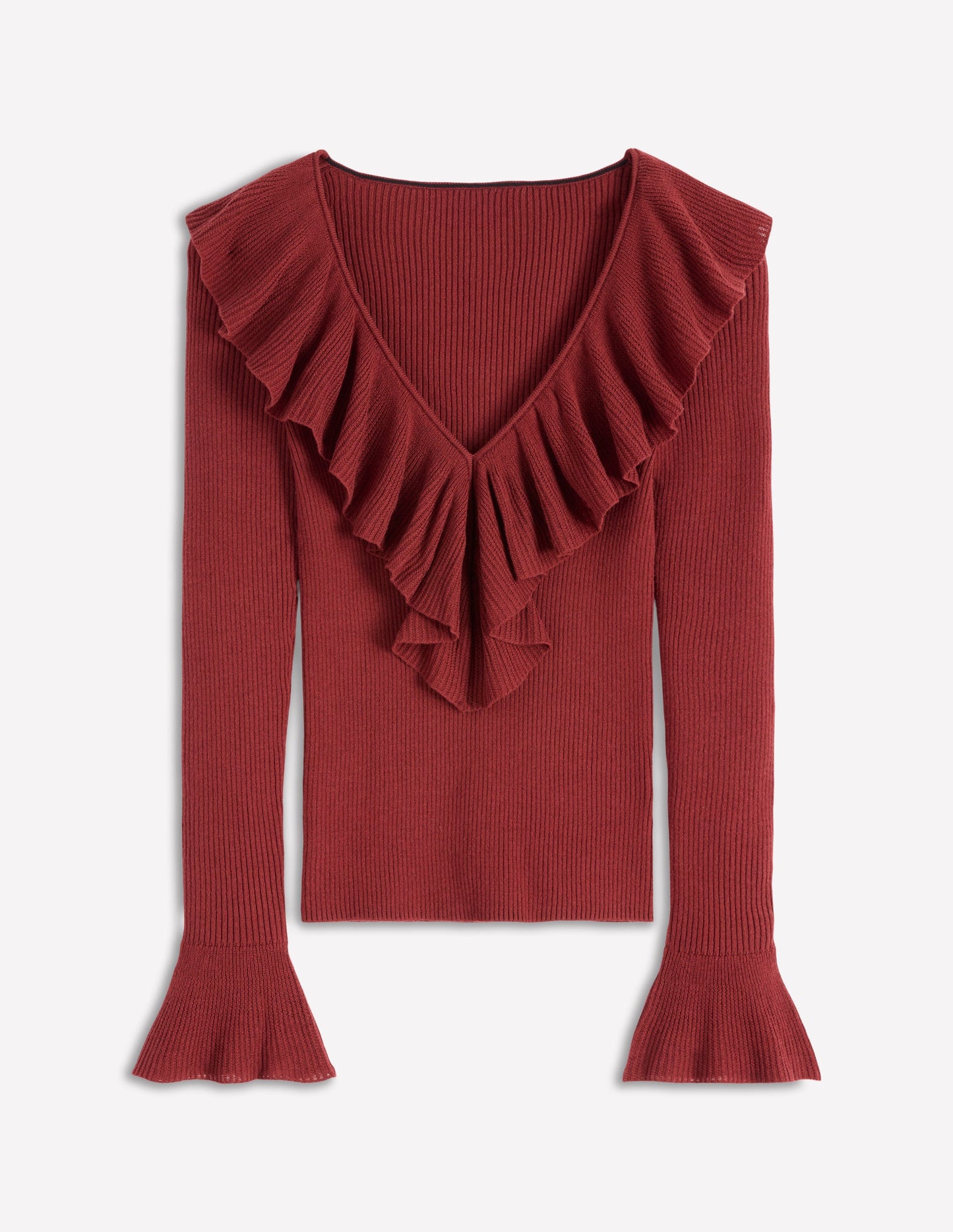 Gerüschter Henley-Pullover aus Rippstrick-Kastanie