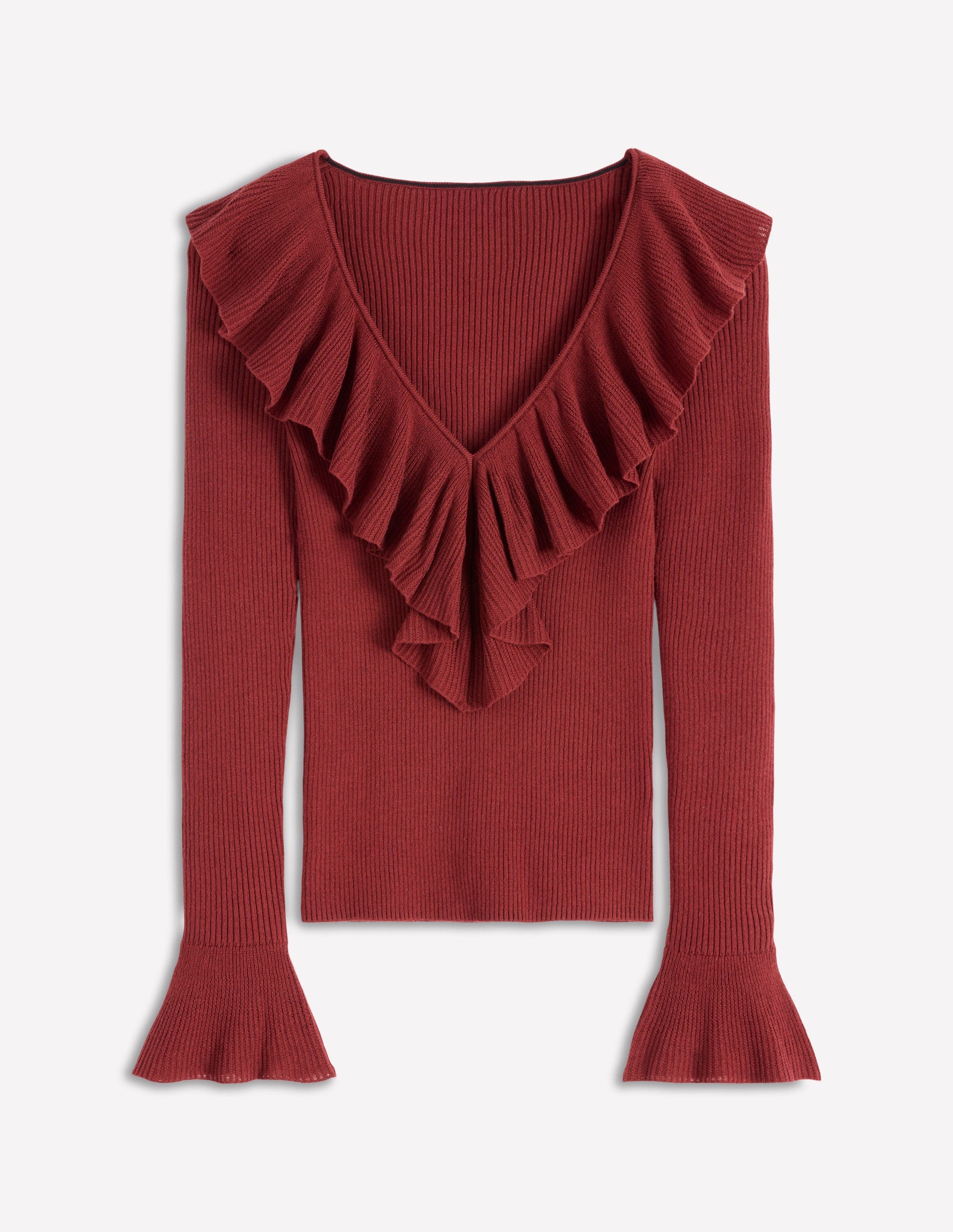 Gerüschter Henley-Pullover aus Rippstrick-Kastanie-6