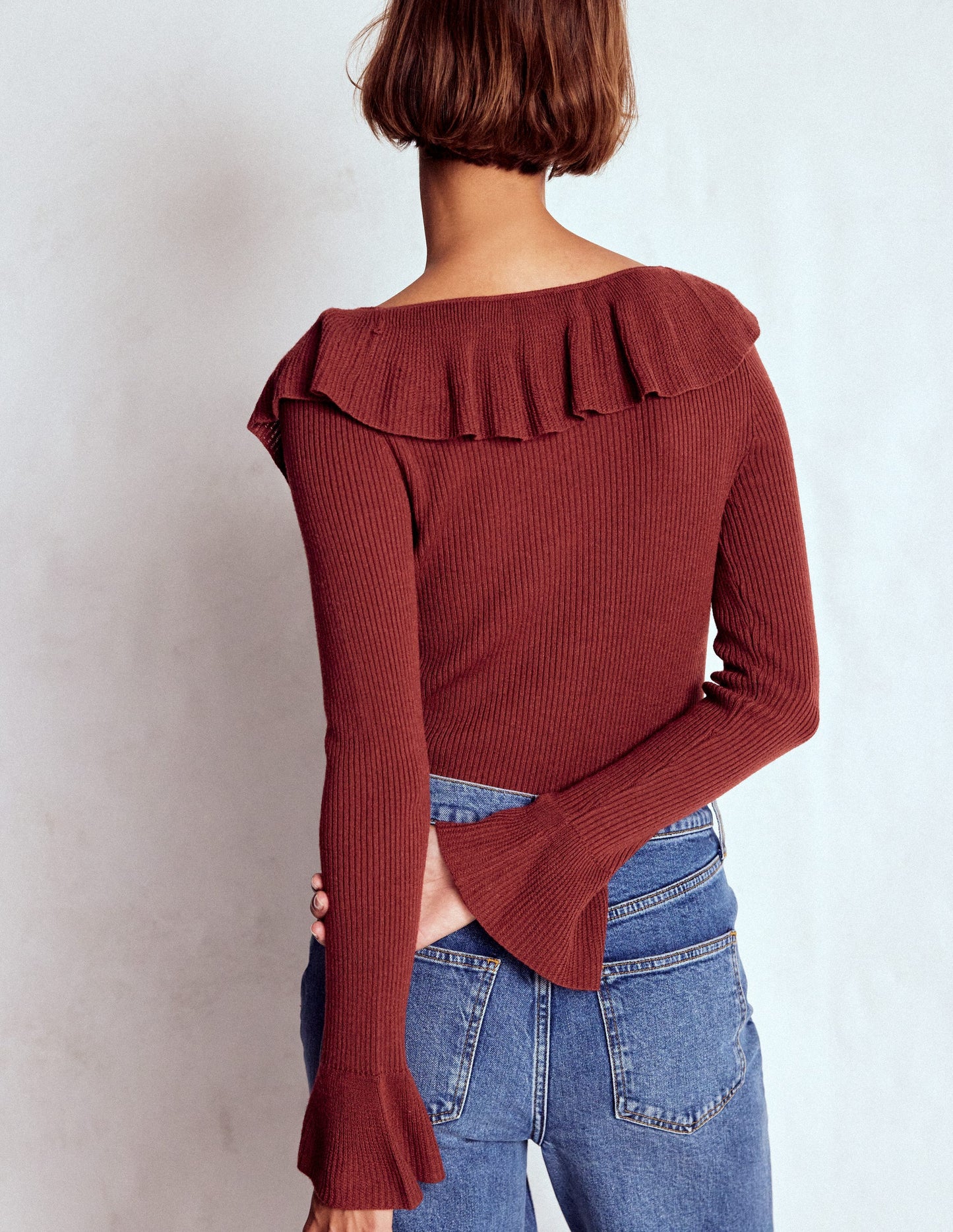Pull côtelé à col tunisien et volants-Châtaigne