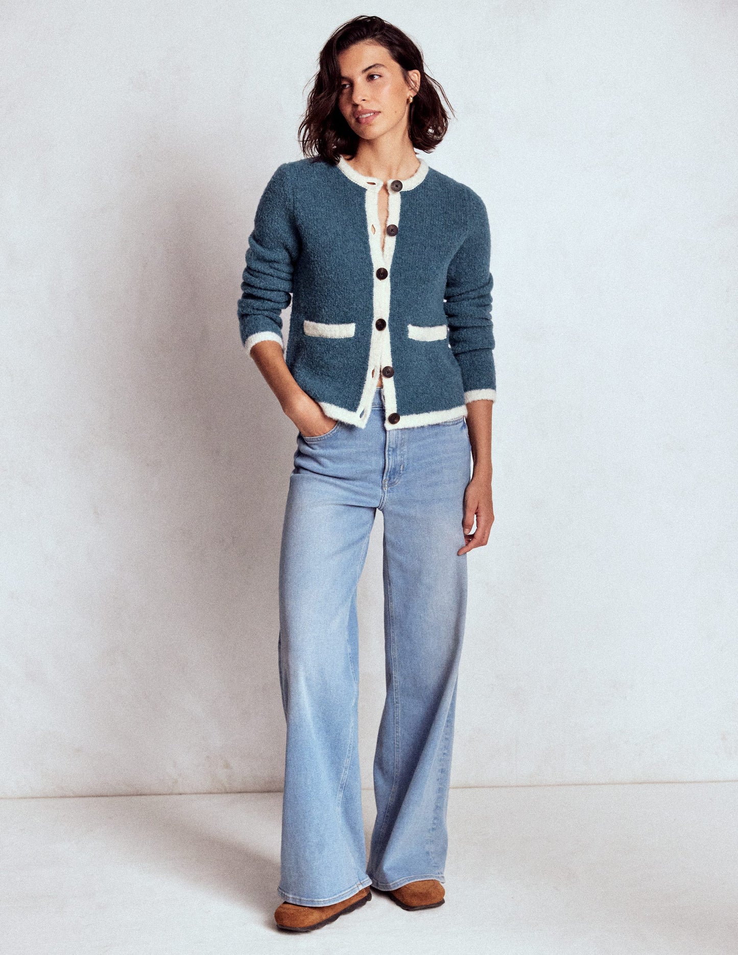 Holly Bouclé-Strickjacke-Denim-Blau Bouclé