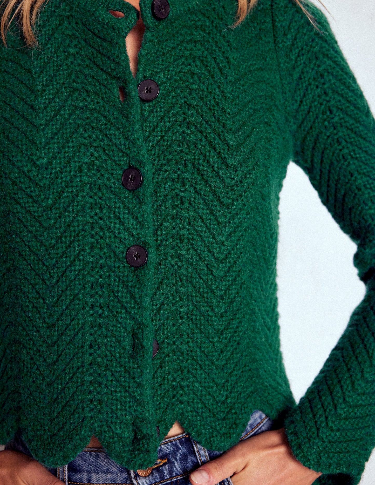 Grobstrickjacke mit Chevronmuster-Dunkles Smaragdgrün