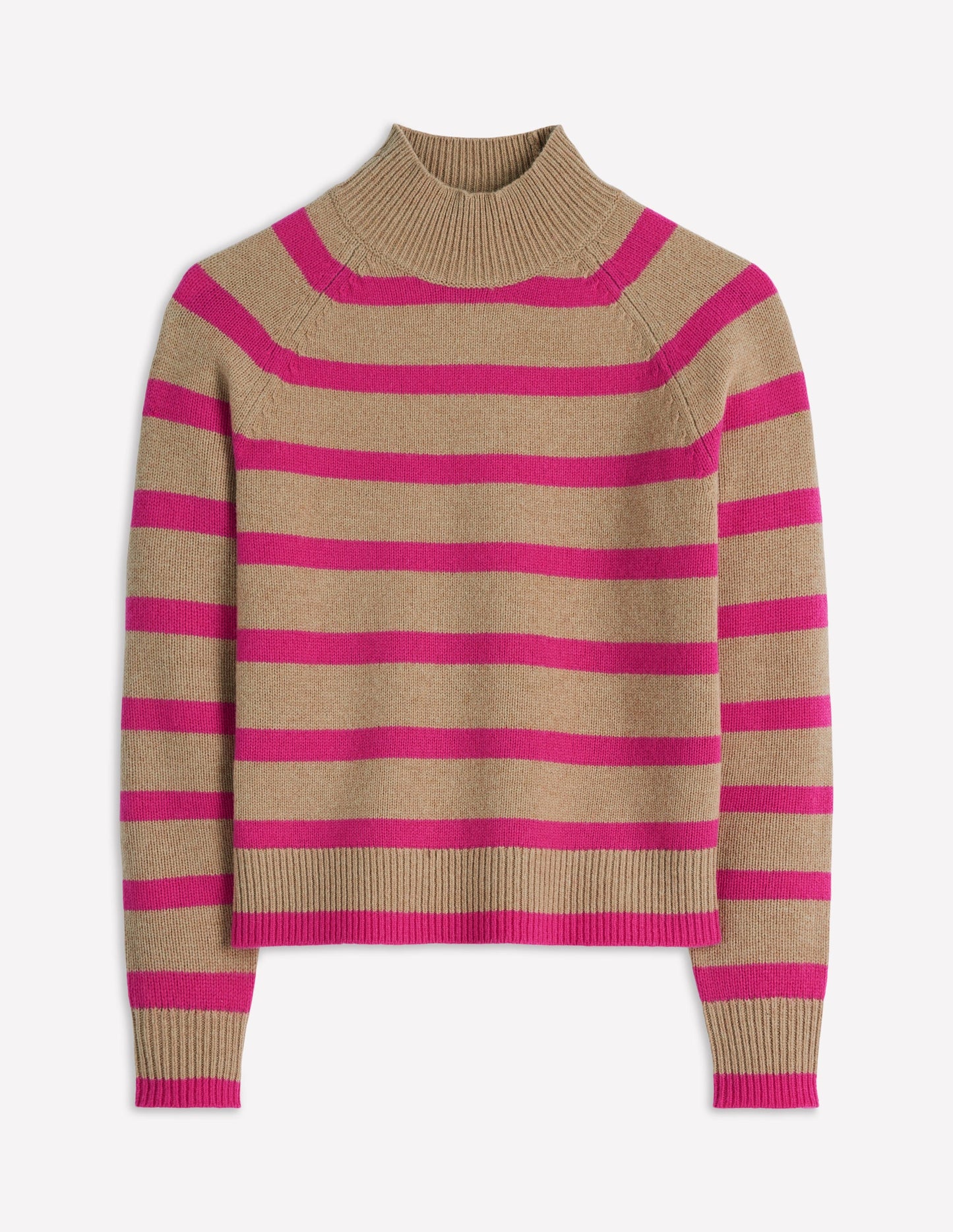 Marion Hochgeschlossener Merino-Pullover-Kamel, Brilliantpink Streifen