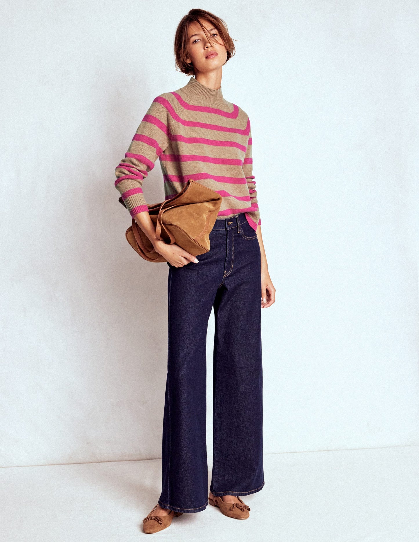 Marion Hochgeschlossener Merino-Pullover-Kamel, Brilliantpink Streifen