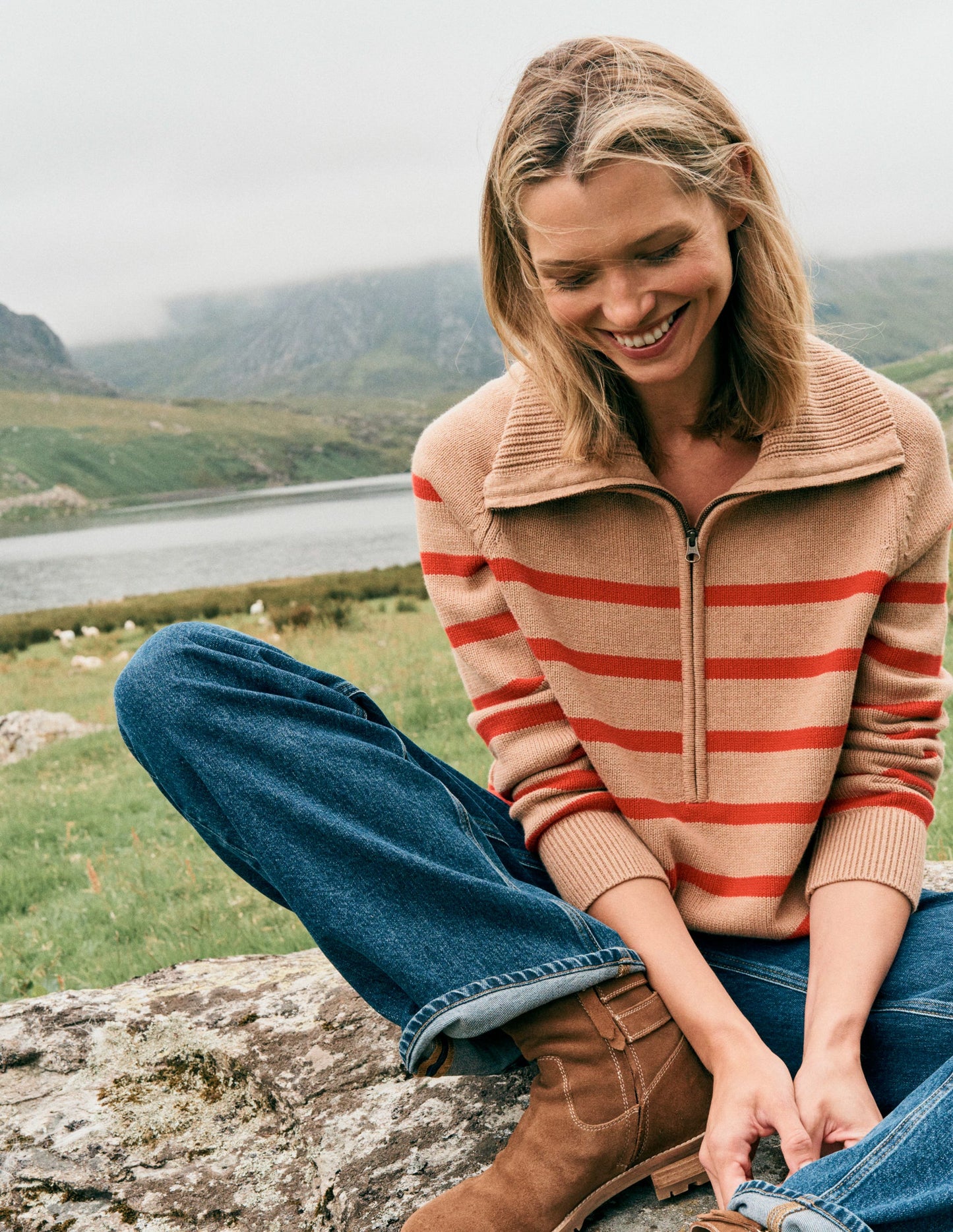 Lucy Pullover mit Halbreißverschluss-Kamelbraun Meliert, Rote Streifen