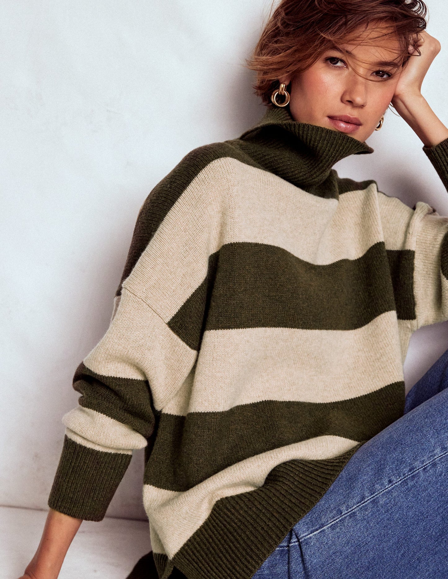 Polly Merino-Rollkragenpullover-Moor, Leinen Streifen