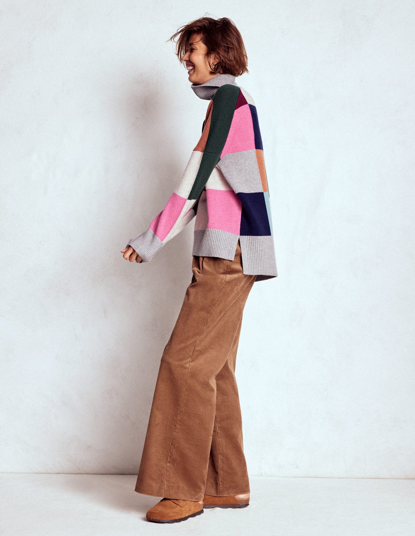 Polly Merino-Rollkragenpullover-Blaugrau Meliert mit Karos