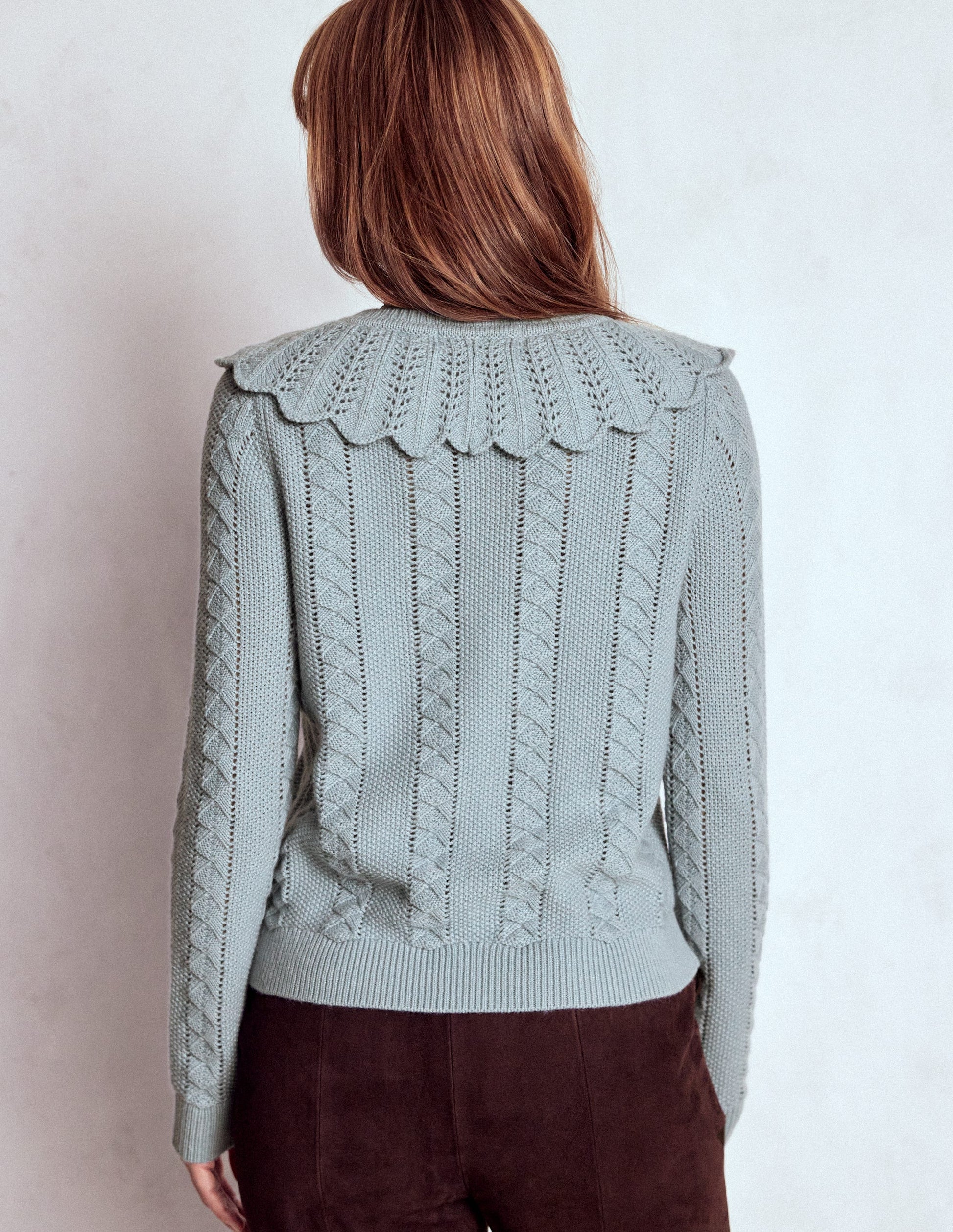 Strickjacke mit Muschelsaum am Kragen-Meeresnebel Blau Meliert-3