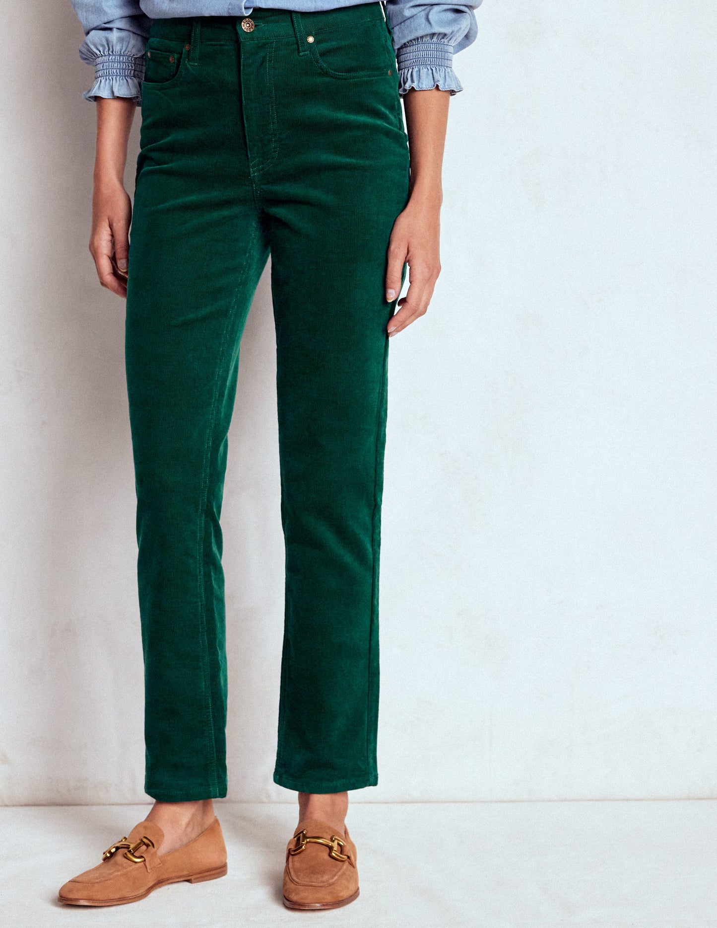 Schmale Cord-Jeans mit hohem Bund-Dunkles Smaragdgrün
