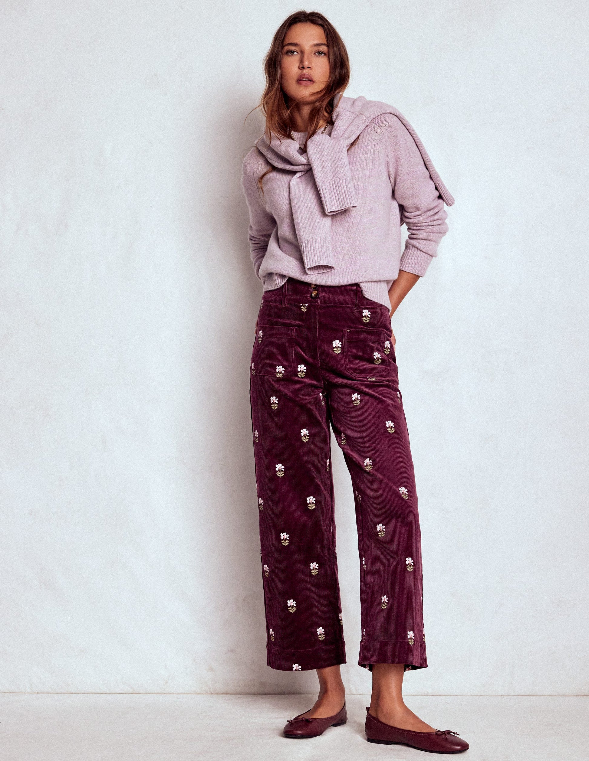 Primrose Cord Trousers-Dark Cherry Embroidery-1