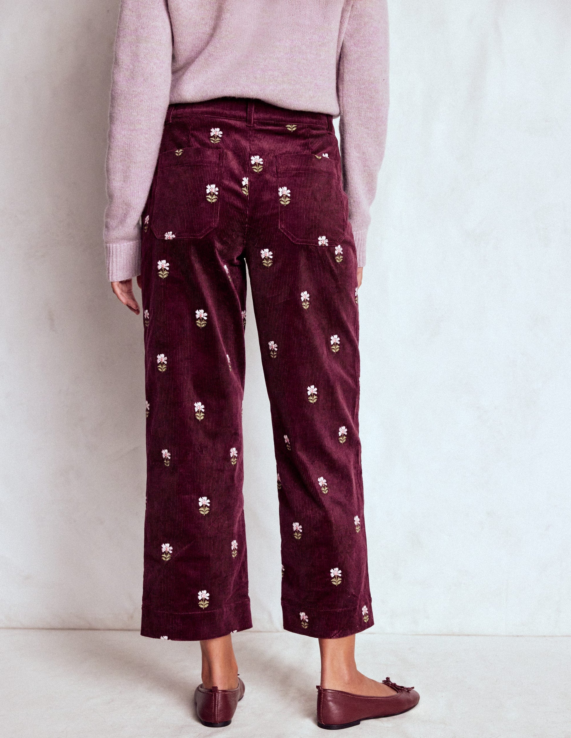 Primrose Cord Trousers-Dark Cherry Embroidery-3