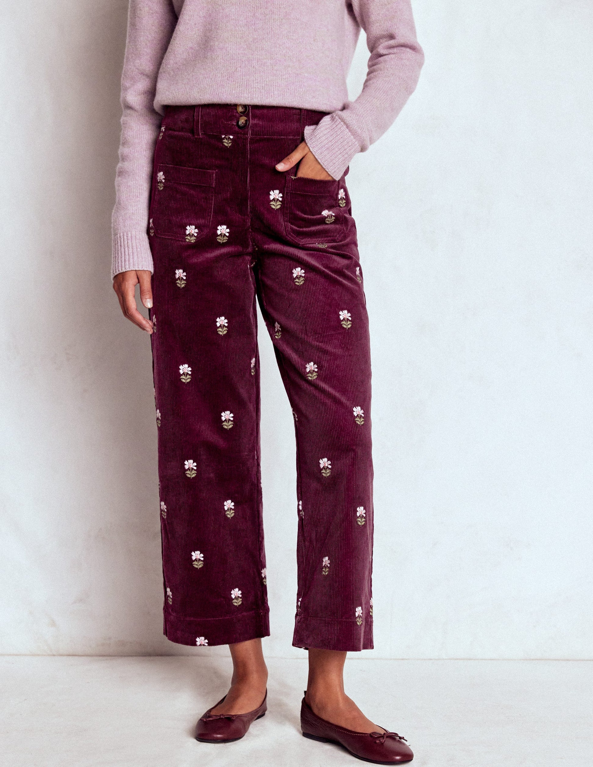 Primrose Cord Trousers-Dark Cherry Embroidery-4
