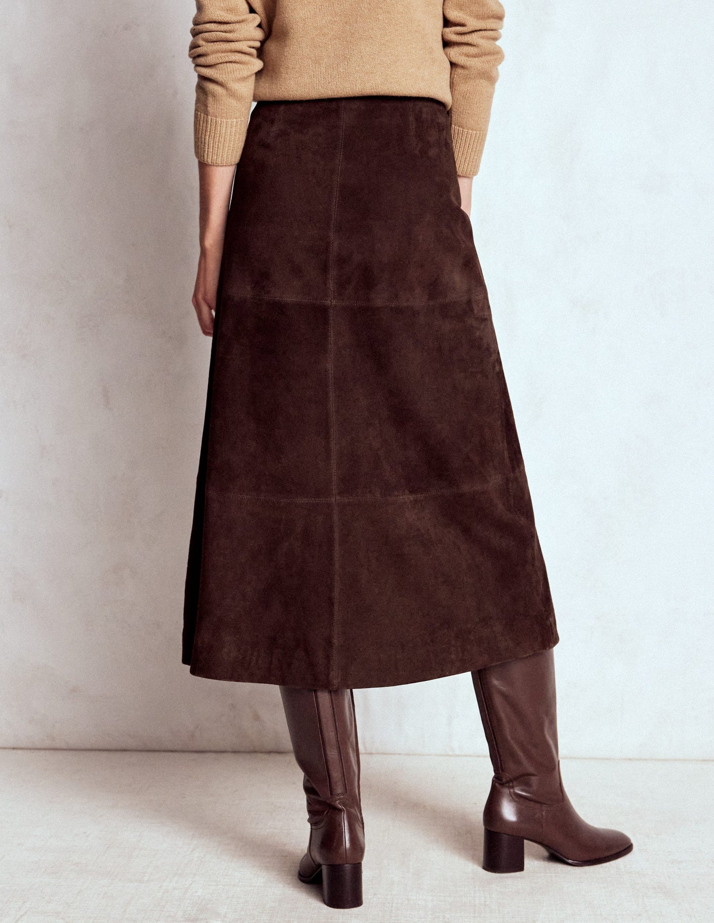 Jupe midi en daim-Chocolat noir