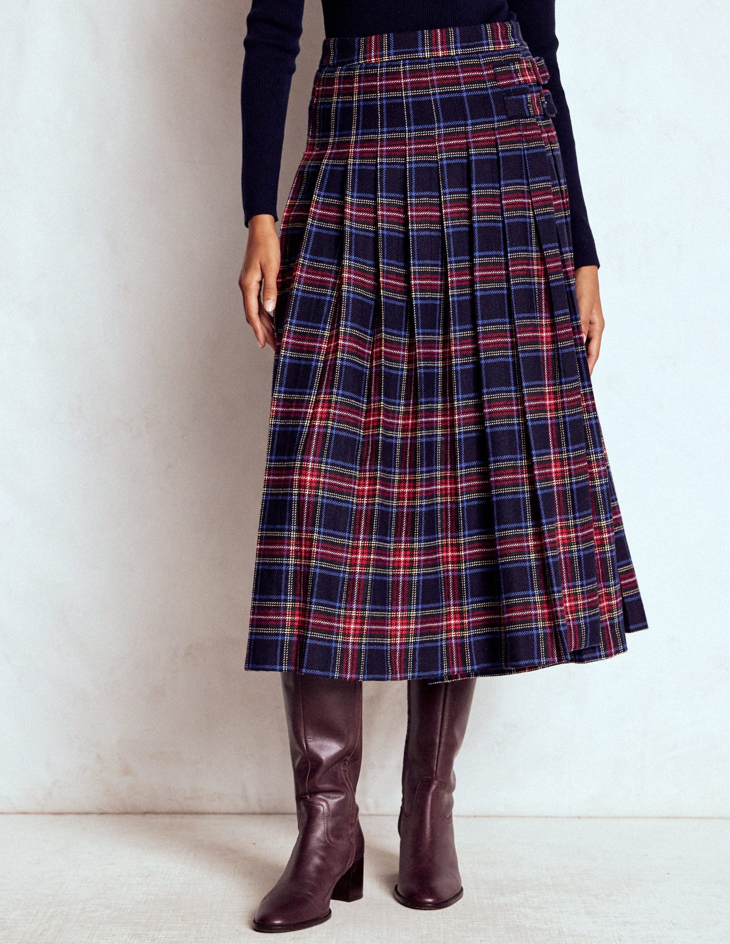 Jupe style kilt Josephine en laine-Carreaux bleu marine, verts et rouges