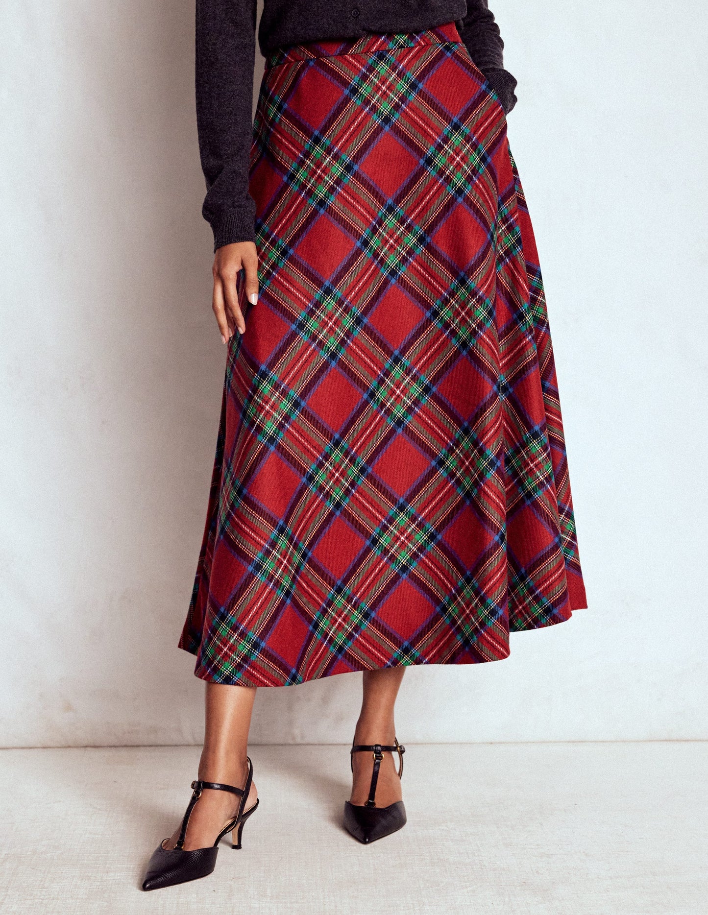 Jupe midi Hayley en laine-Carreaux rouges, bleus et verts