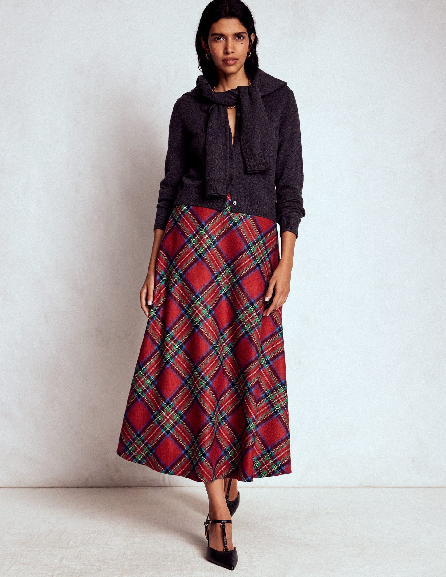 Jupe midi Hayley en laine-Carreaux rouges, bleus et verts