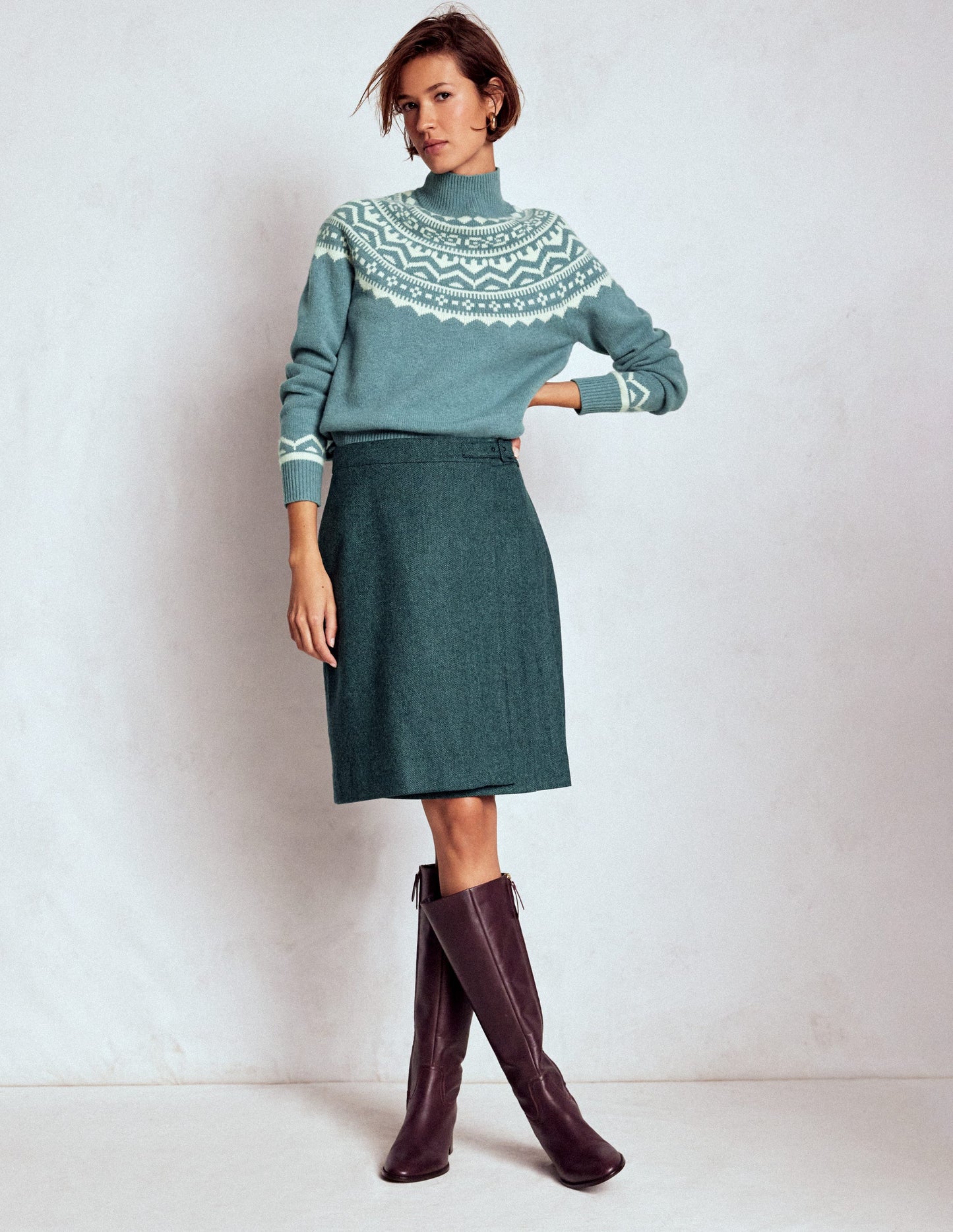 Helen Wool Kilt Skirt-Green Herringbone