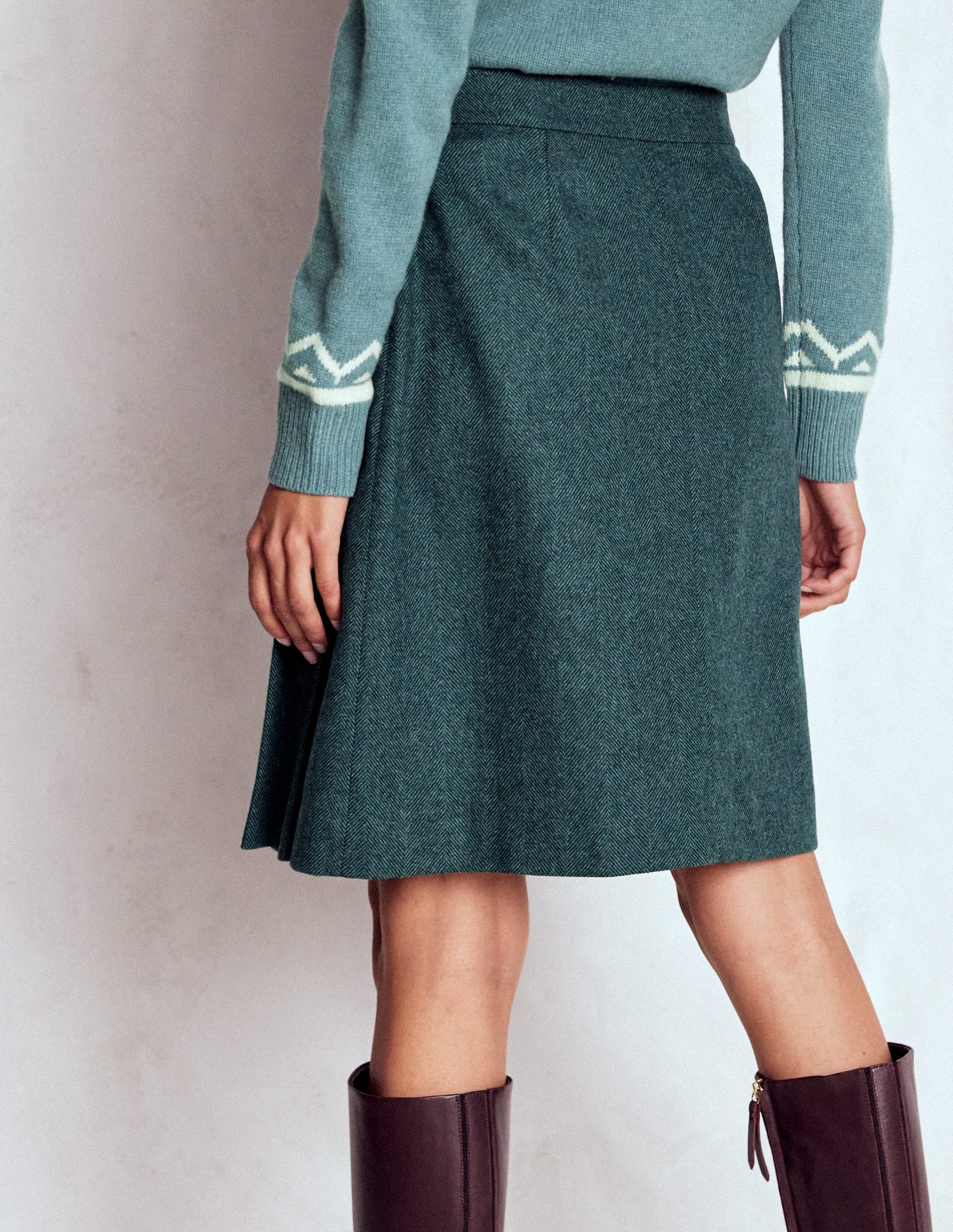 Helen Wool Kilt Skirt-Green Herringbone