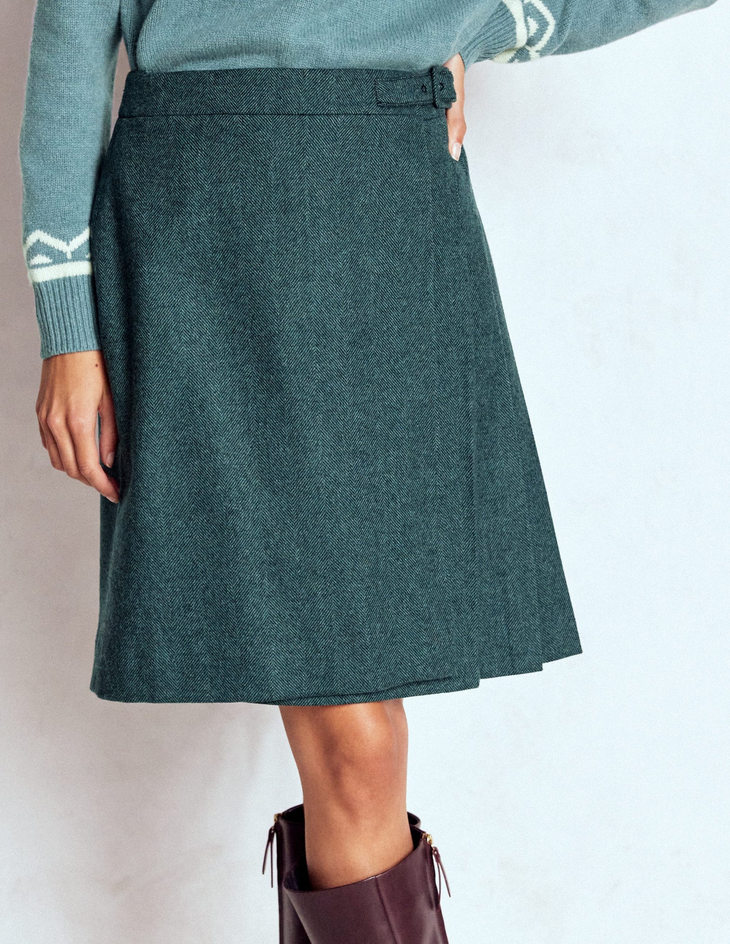 Helen Wool Kilt Skirt-Green Herringbone