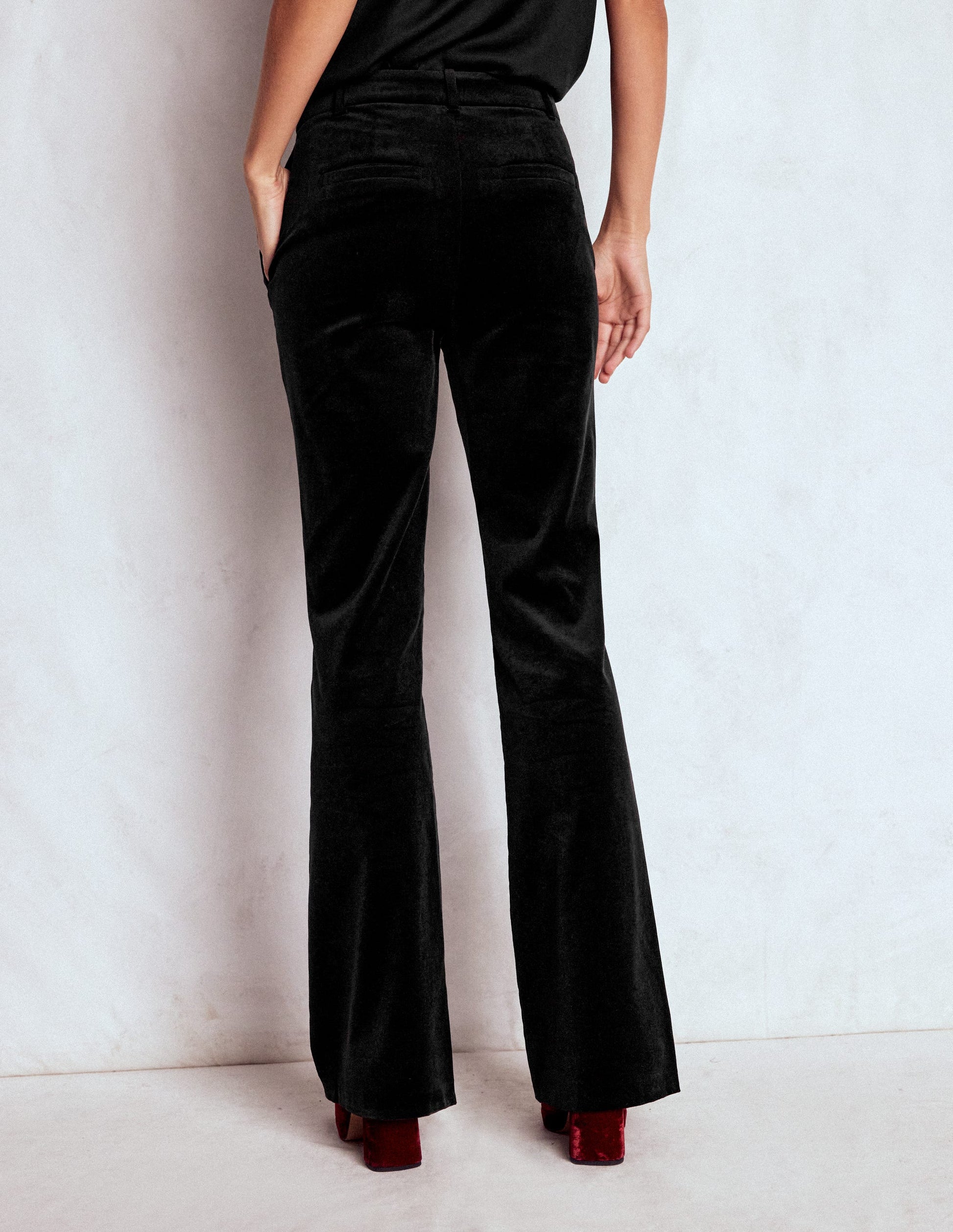Fitted Velvet Flare Trousers-Black-4