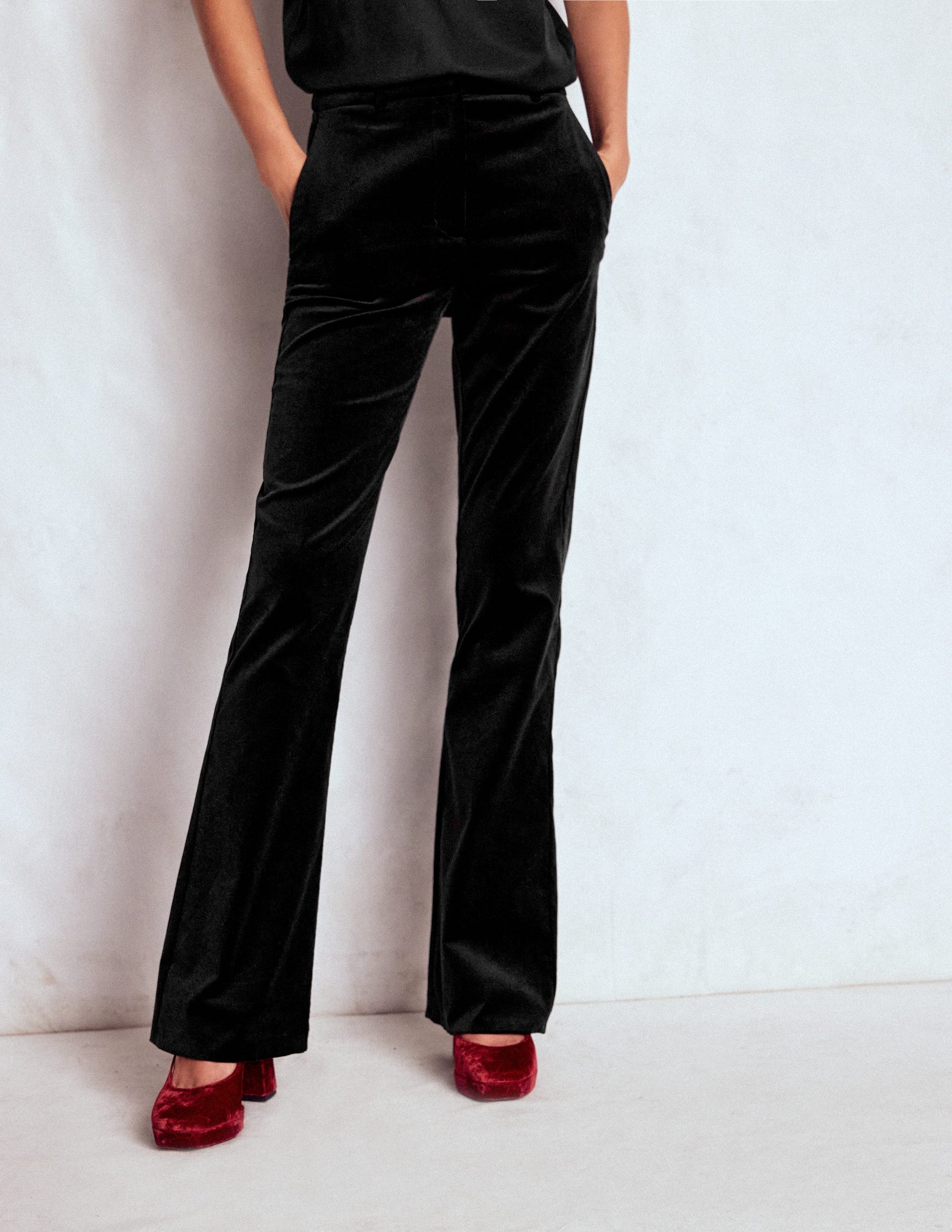 Fitted Velvet Flare Trousers-Black-7
