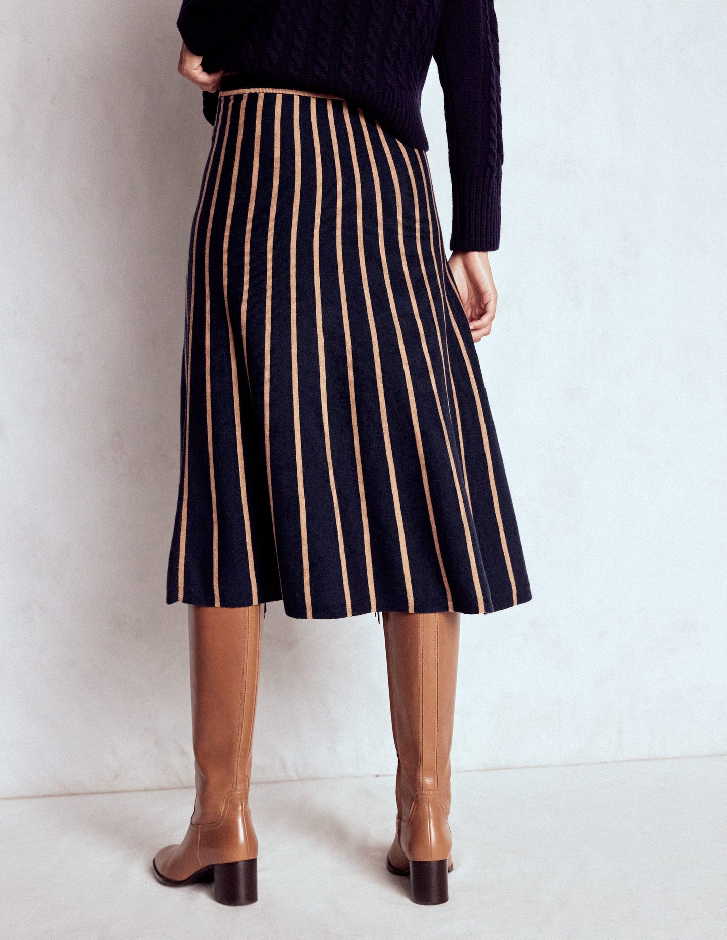Jupe midi Liz en maille-Rayé bleu marine et camel