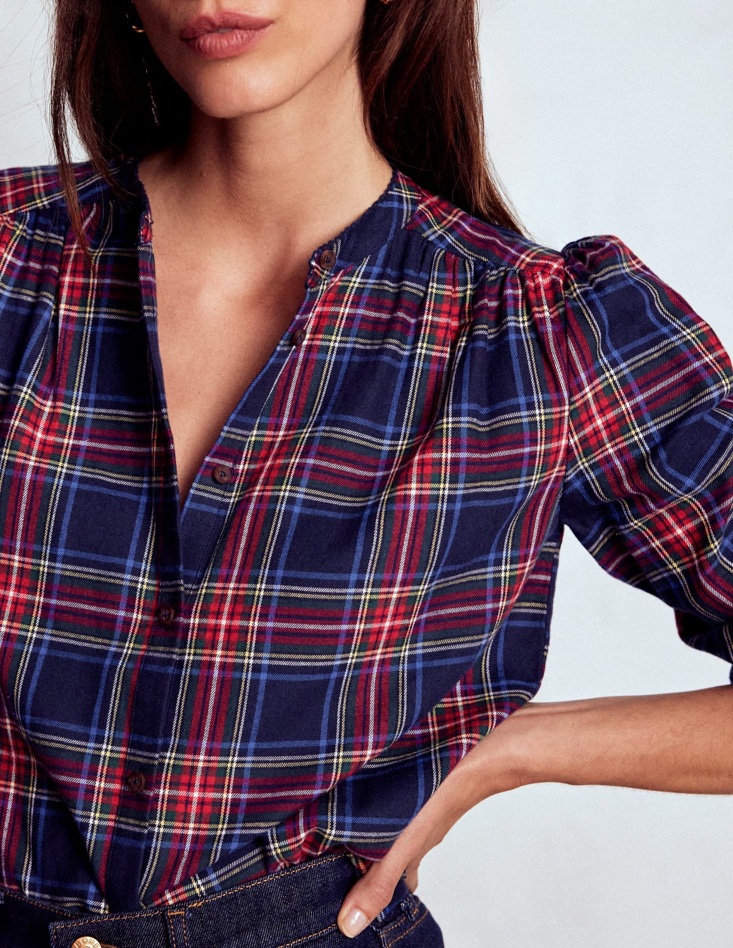 Top Layla en coton brossé-Carreaux bleu marine et rouge