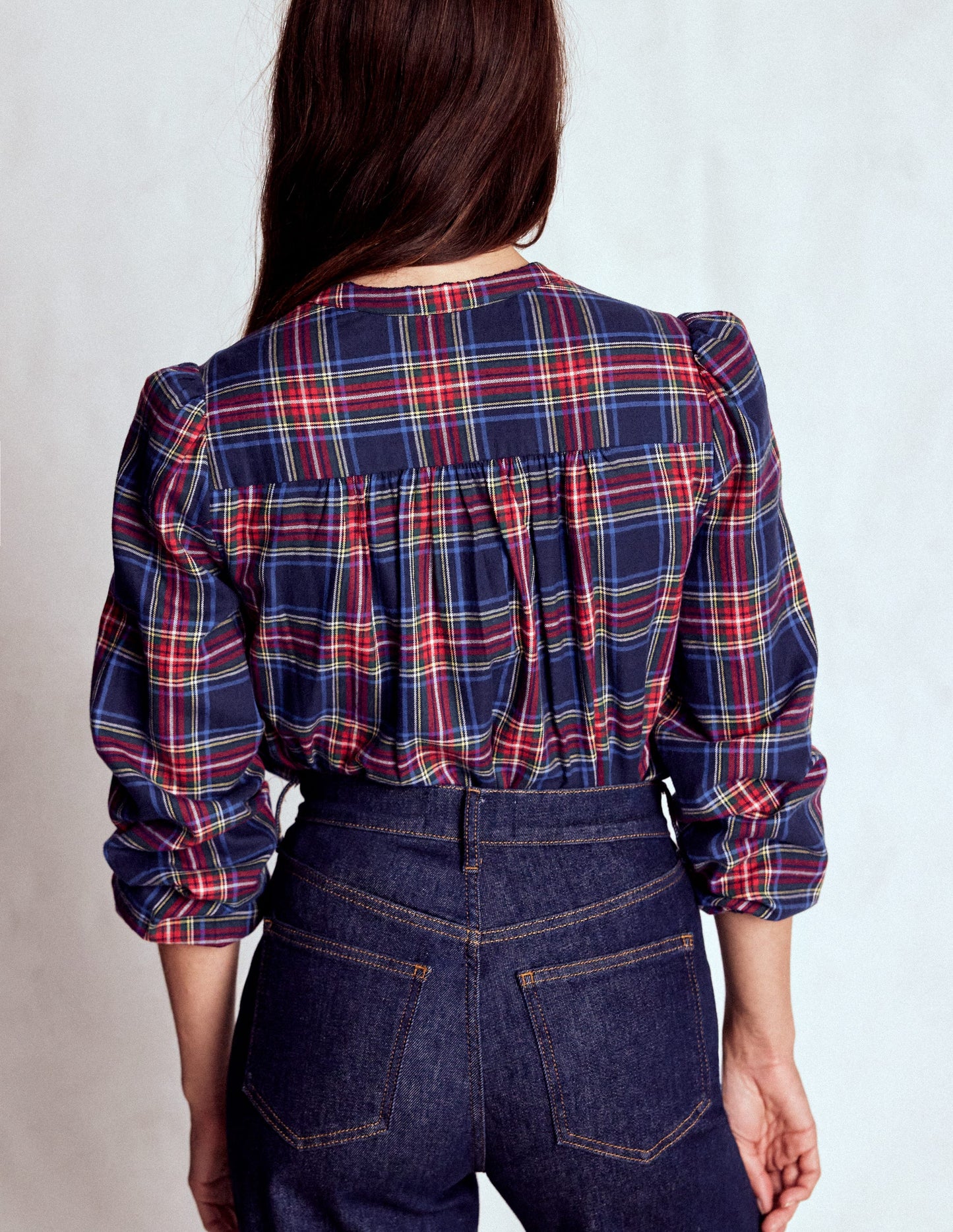 Top Layla en coton brossé-Carreaux bleu marine et rouge