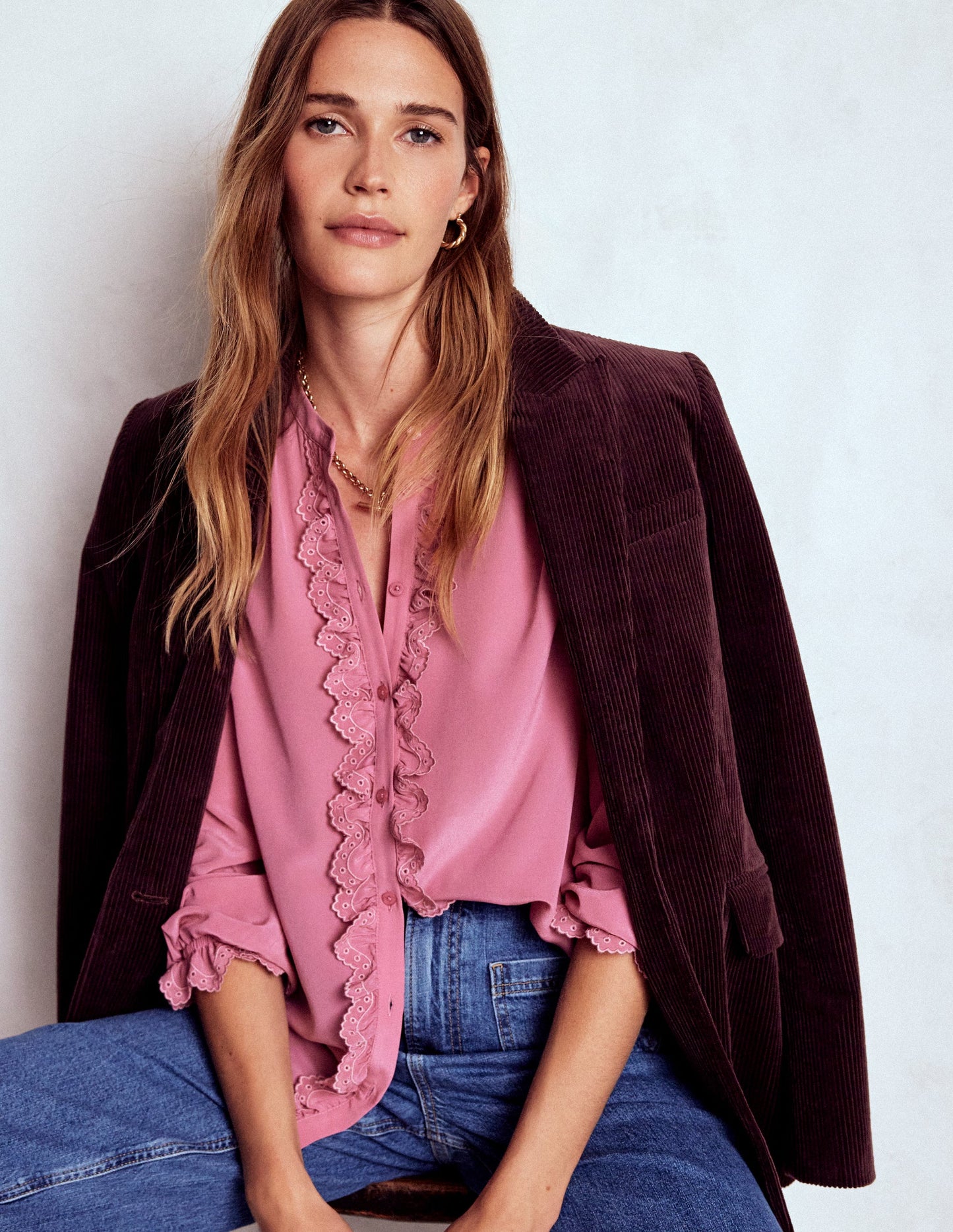 Alice Frill Front Silk Top-Pink Heather