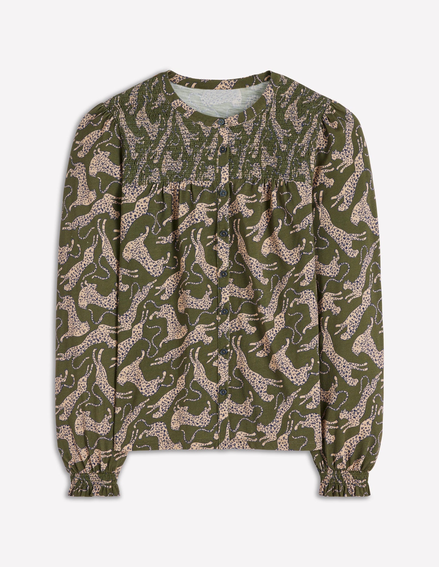 Elsa Jerseyhemd mit gesmokter Passe-Grün, Springender Leopard