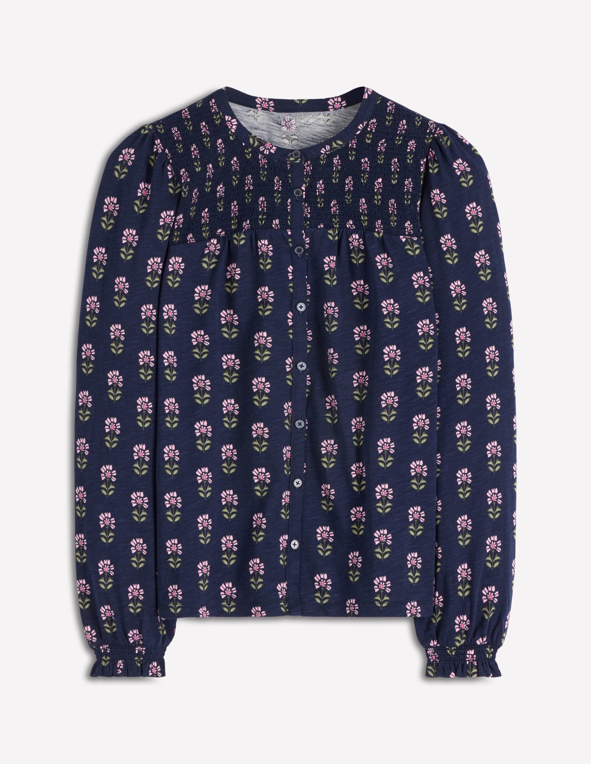 Elsa Jerseyhemd mit gesmokter Passe-Marineblau, Holzblock-Blumenmuster-6