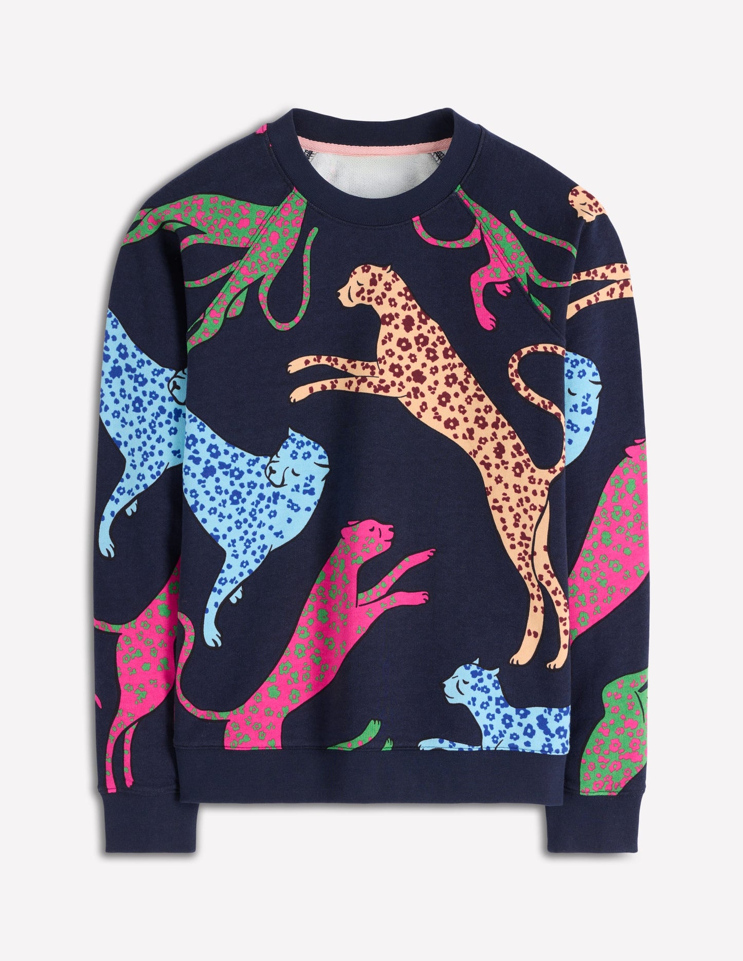 Rosa Bedrucktes Sweatshirt-Marineblau, Springender Leopard