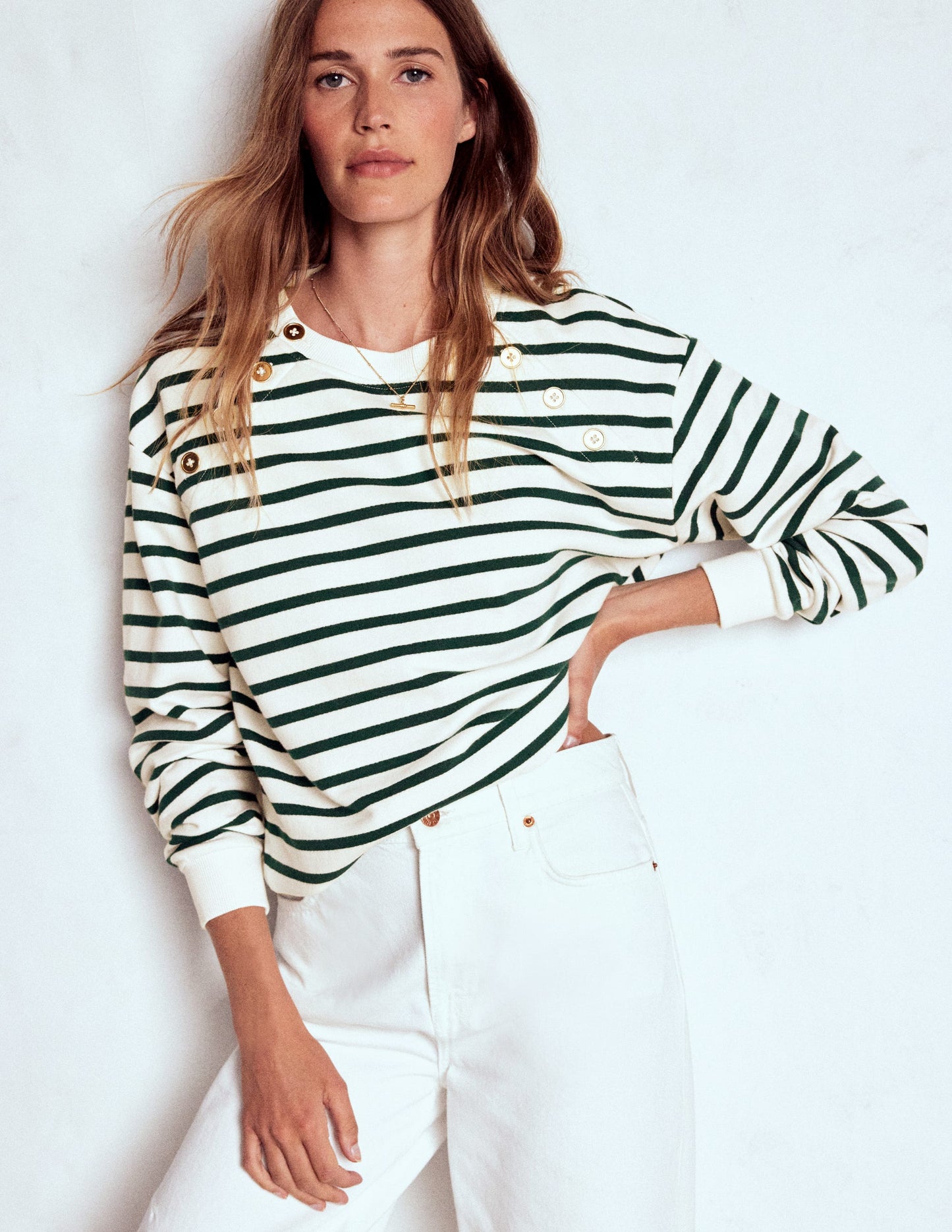 Sweatshirt mit Knopfdetail-Dunkles Smaragdgrün, Naturweiß