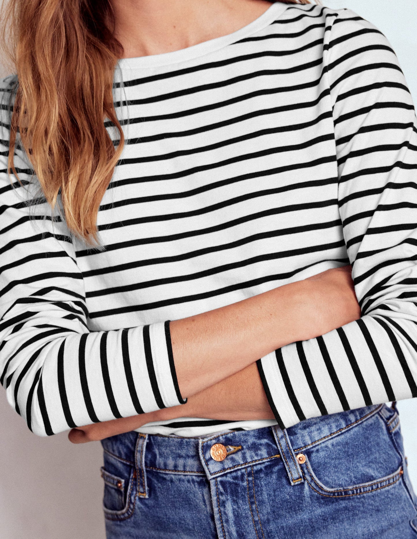 Olivia Langärmliges Bretonshirt-Naturweiß, Schwarz