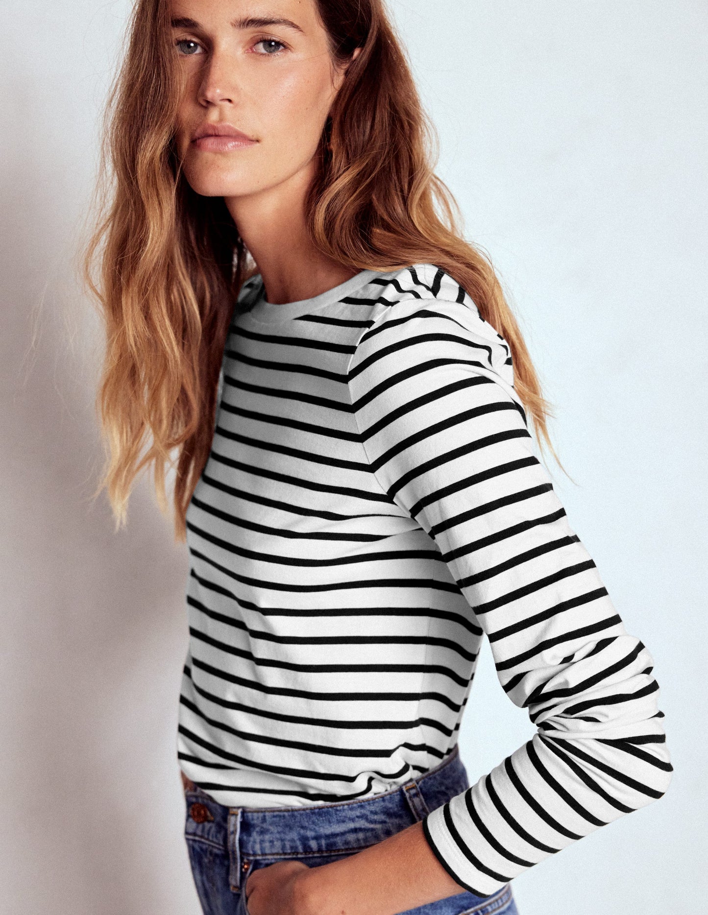 Olivia Langärmliges Bretonshirt-Naturweiß, Schwarz