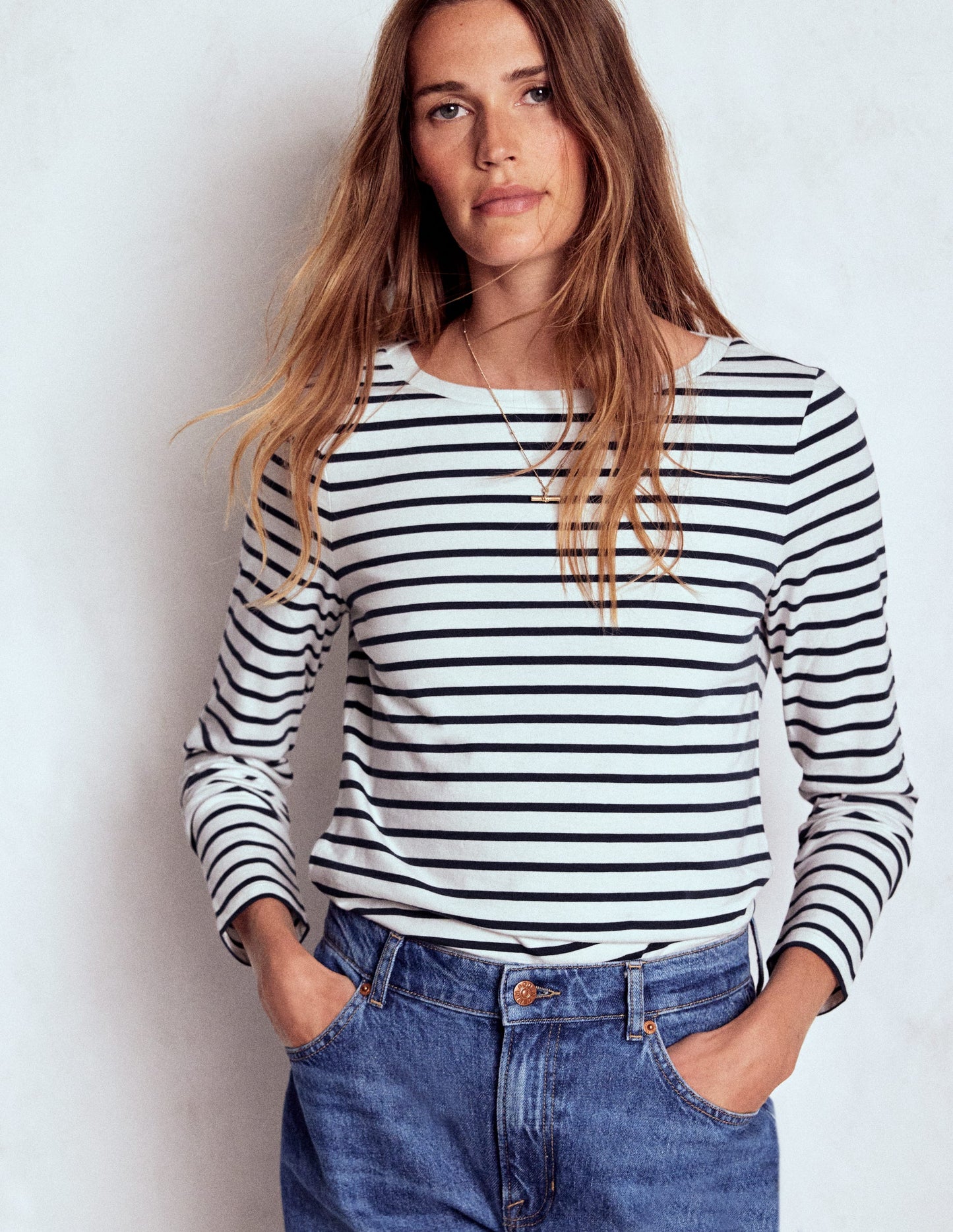 Olivia Langärmliges Bretonshirt-Naturweiß, Marineblau