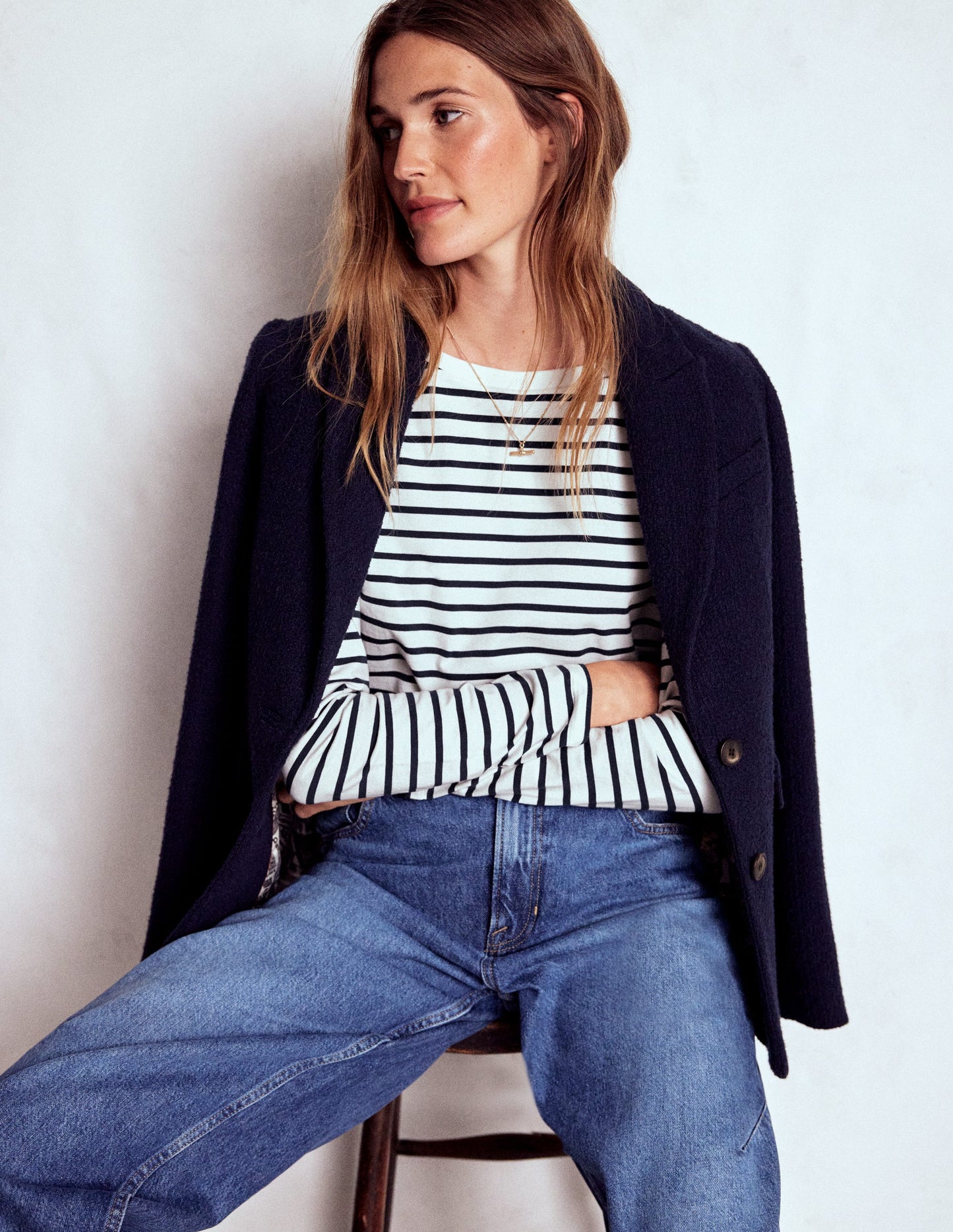 Olivia Langärmliges Bretonshirt-Naturweiß, Marineblau