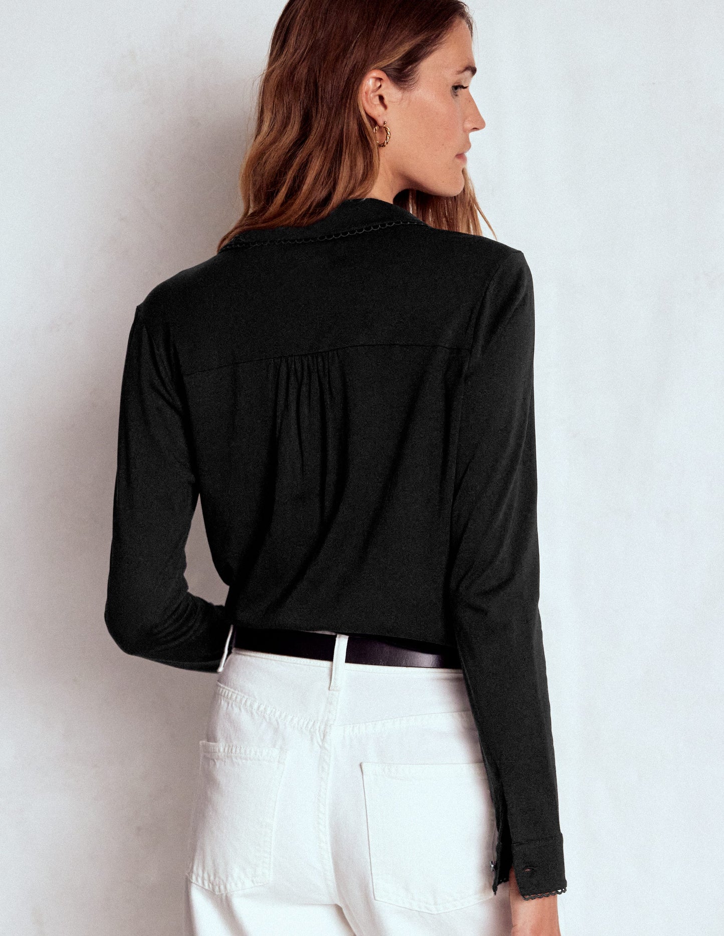 Jerseyhemd mit Picot-Besatz-Schwarz
