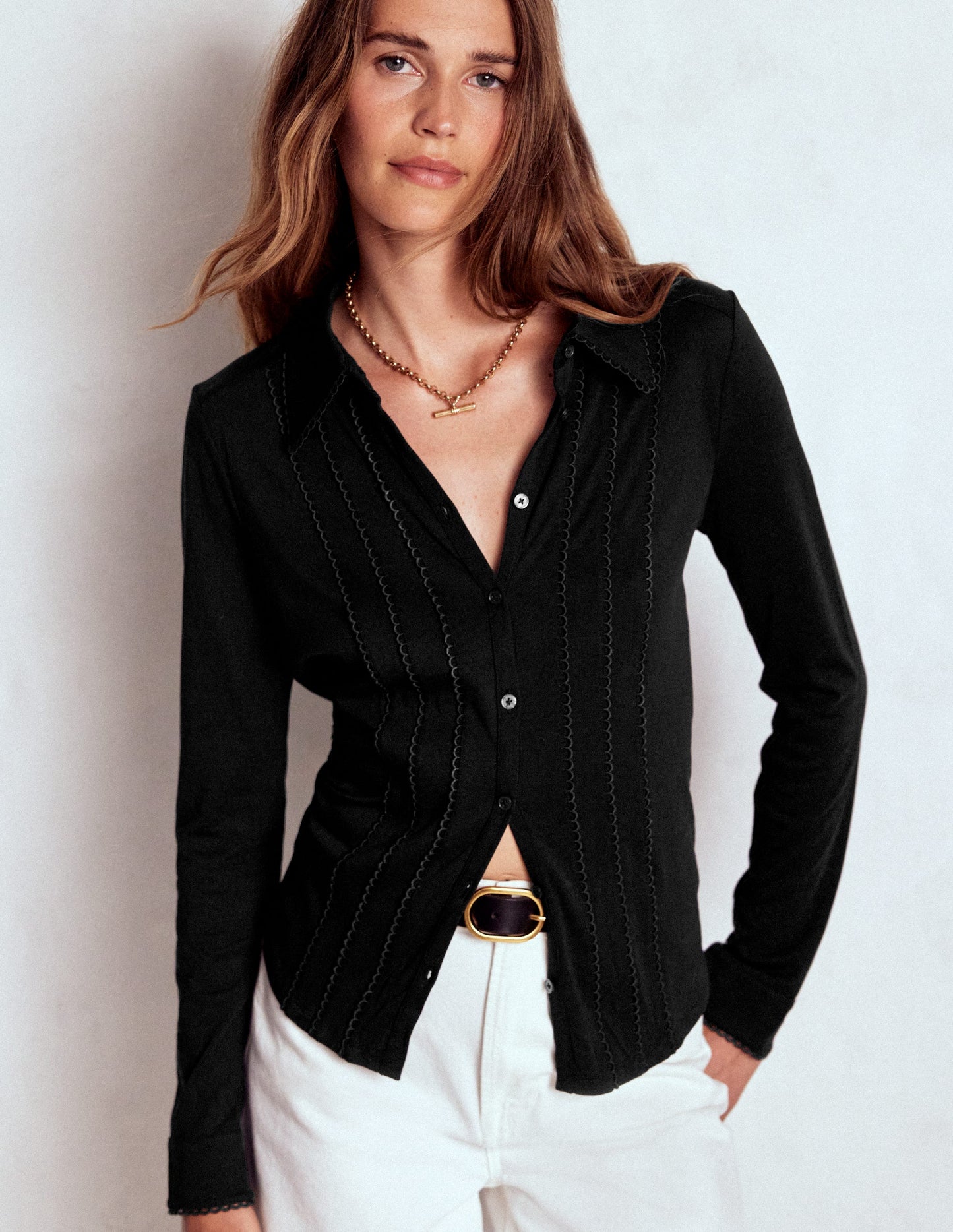 Jerseyhemd mit Picot-Besatz-Schwarz