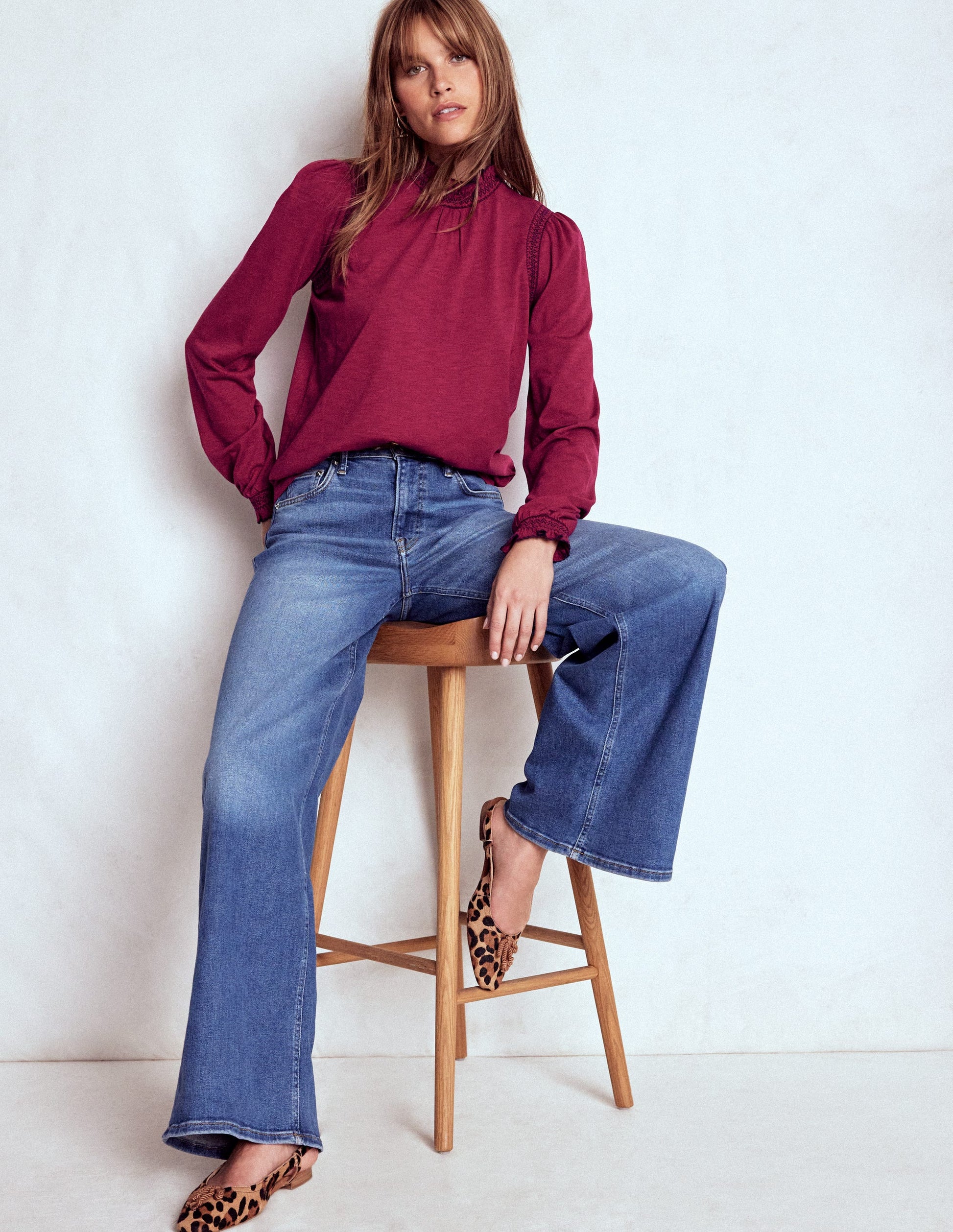 Tia Smocked Neck Jersey Top-Ruby Red-2