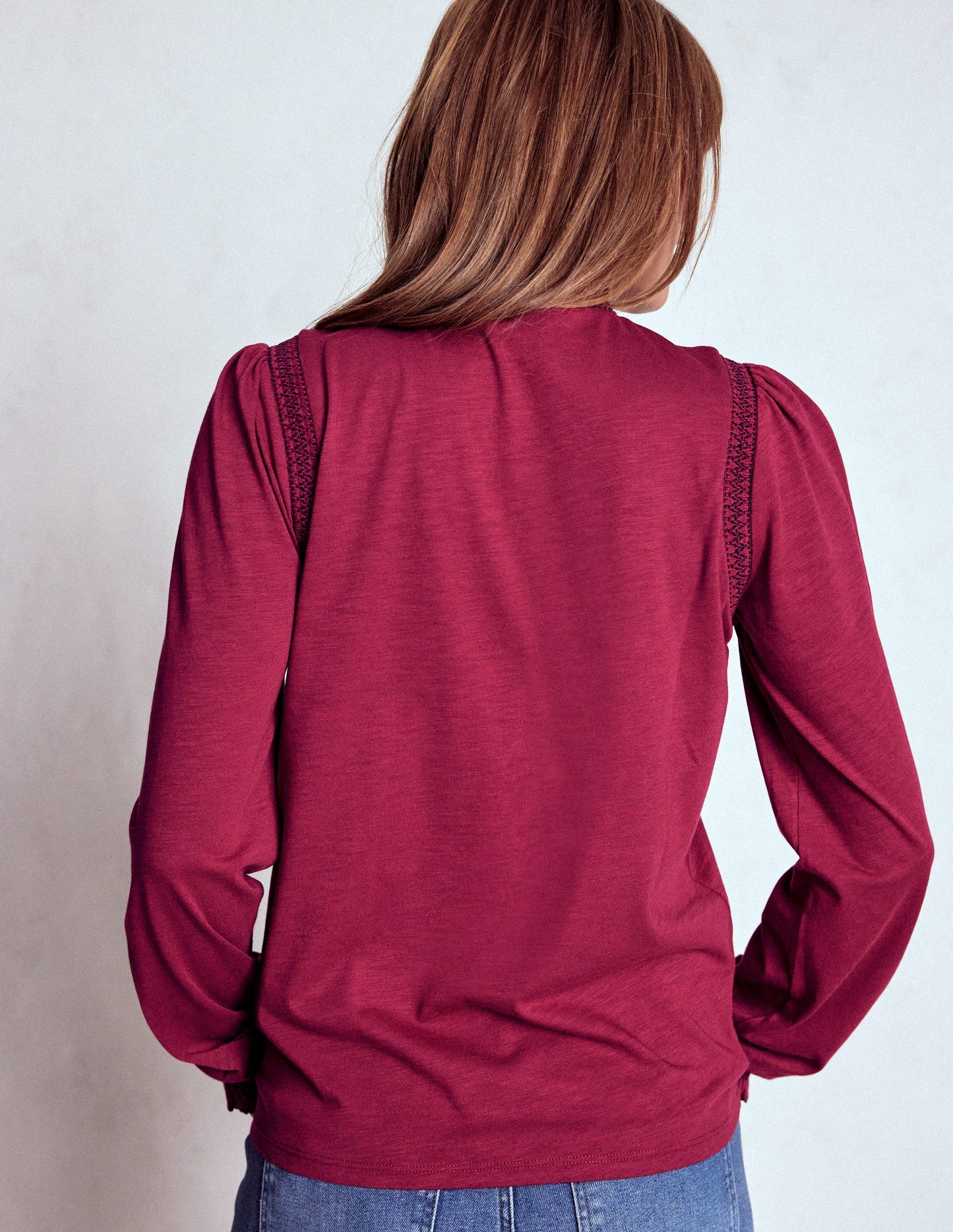 Tia Smocked Neck Jersey Top-Ruby Red