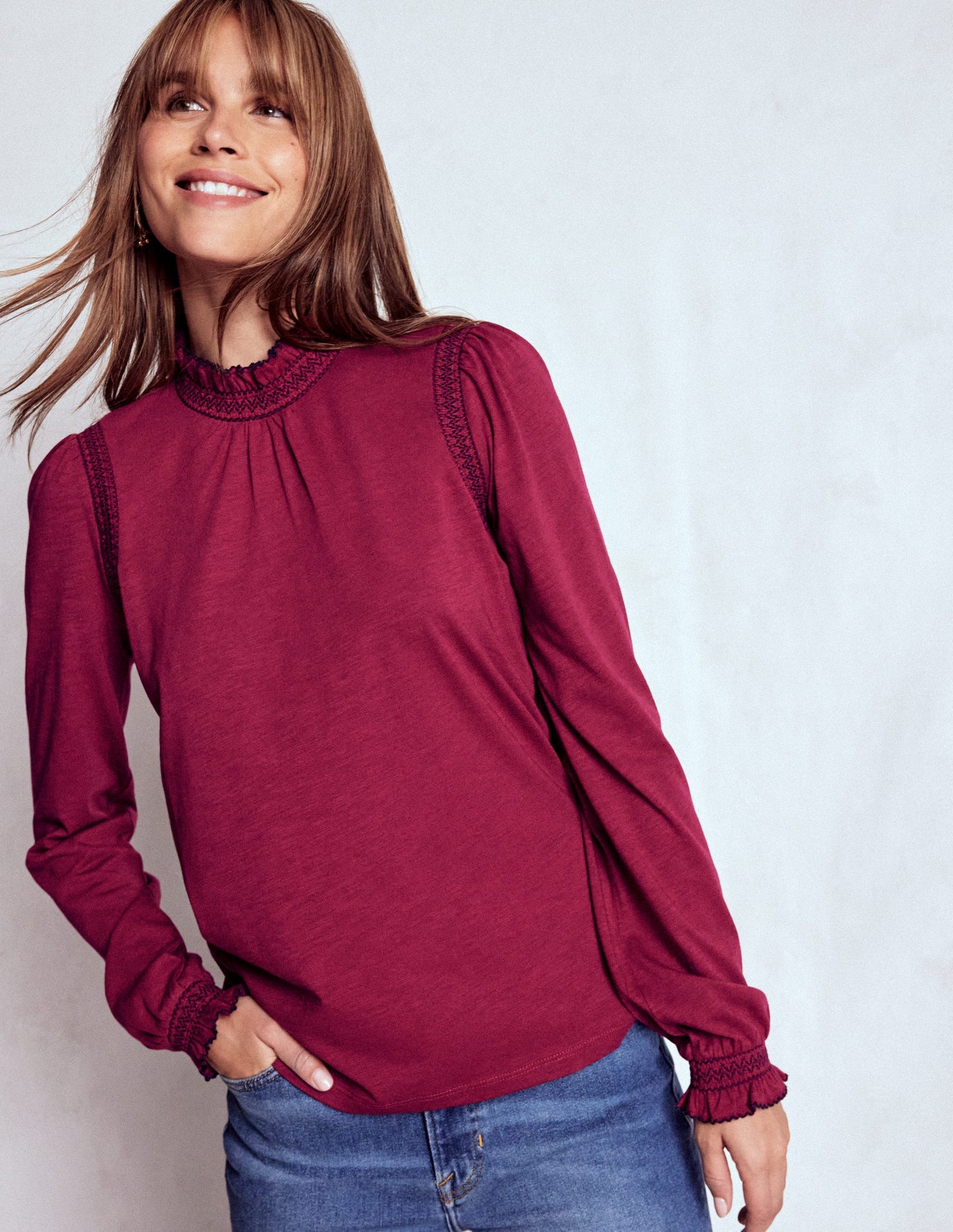 Tia Smocked Neck Jersey Top-Ruby Red