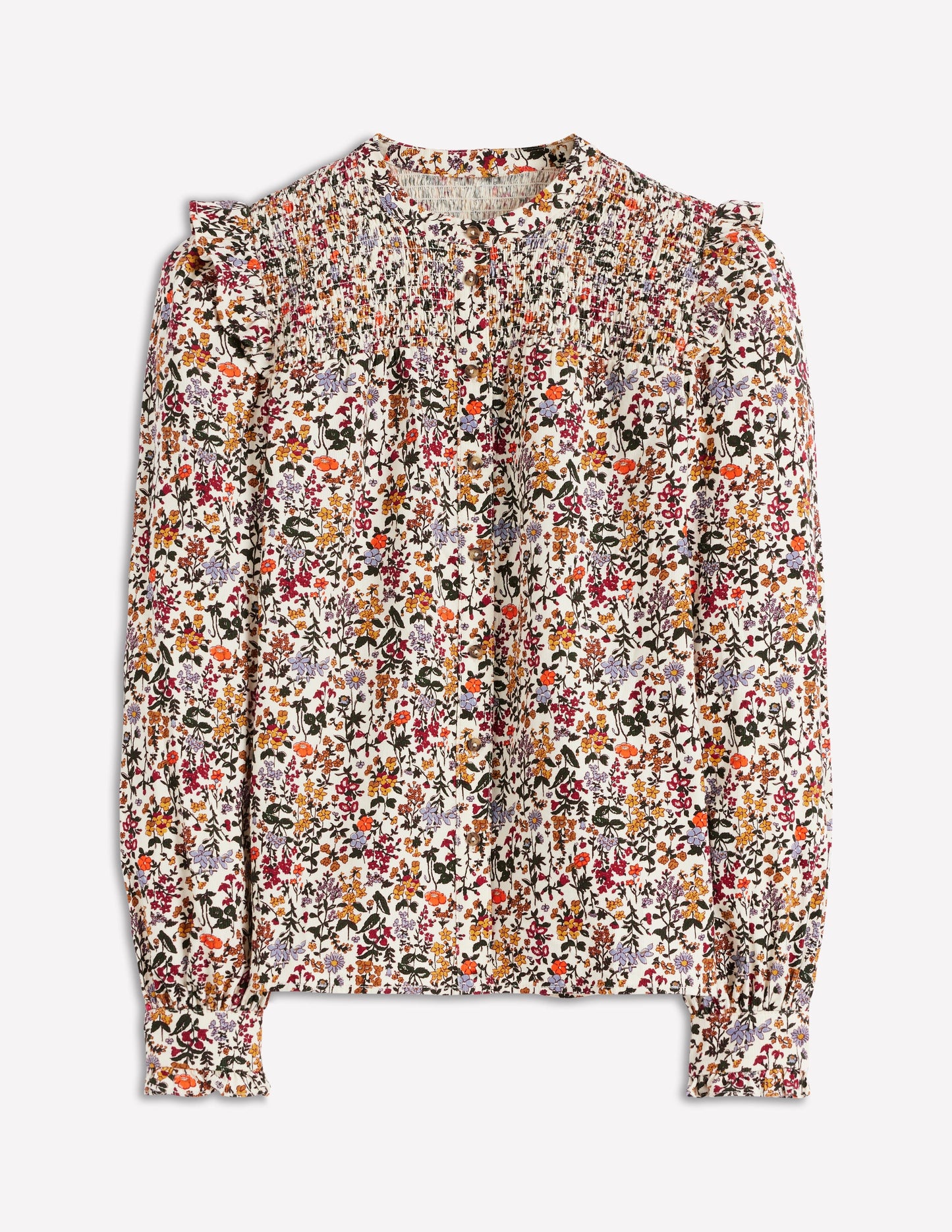 Top en velours côtelé à empiècement smocké-Motif floral ivoire