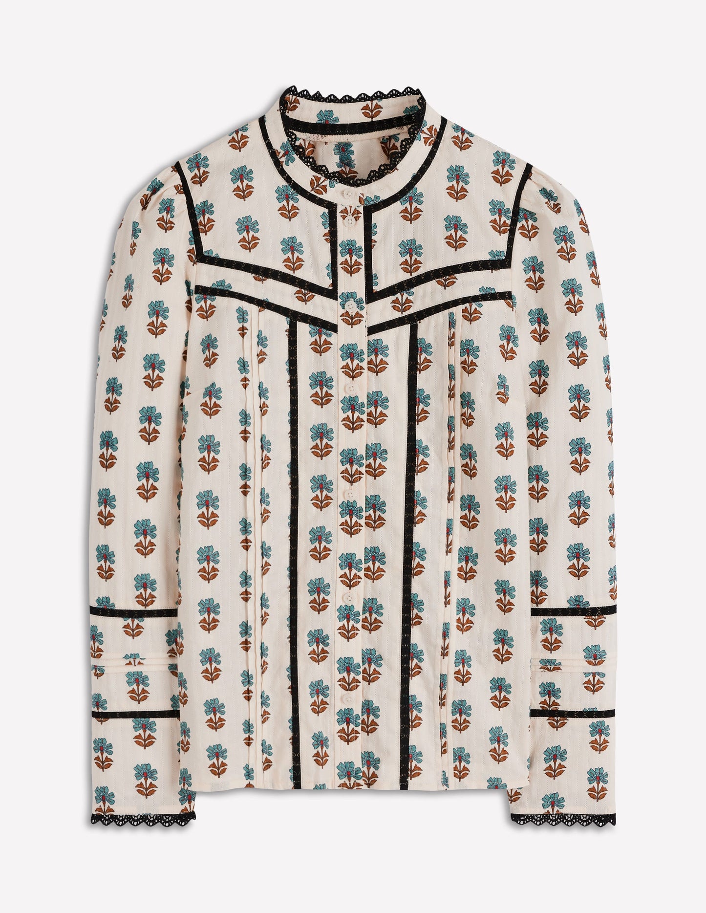 Baumwolloberteil mit Spitzenbesatz-Naturweiß, Holzblock-Blume