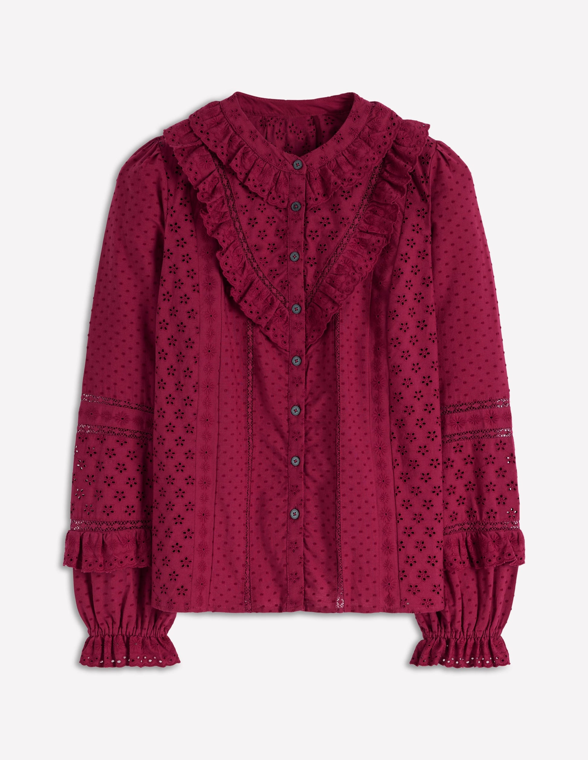 Oberteil mit Lochstickerei und Rüschen-Rubinrot-6